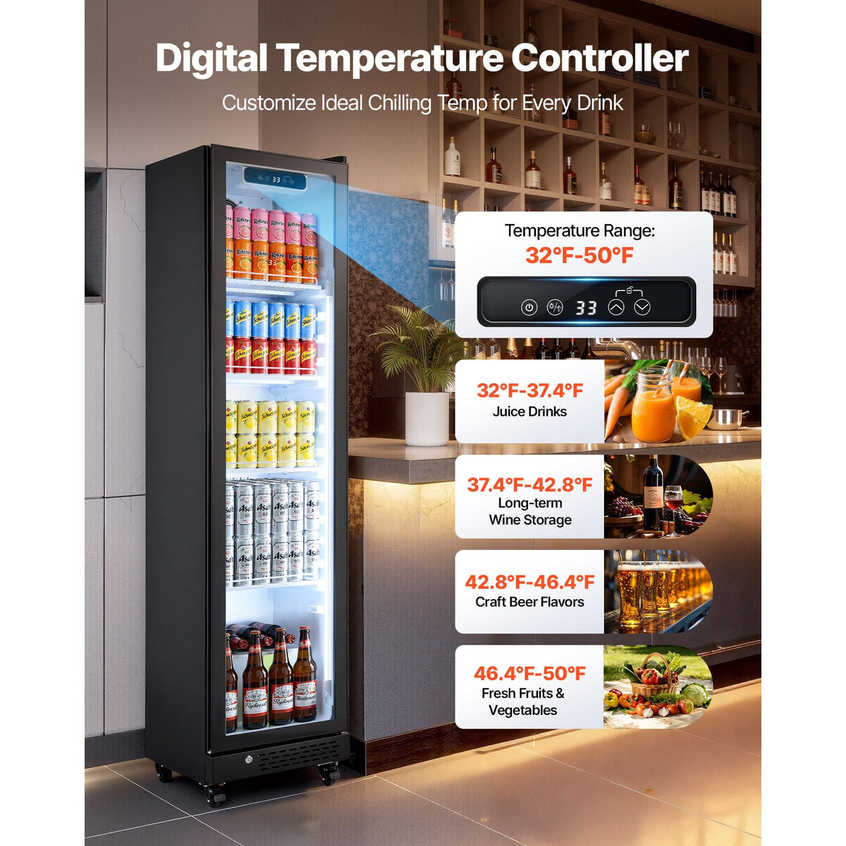 Commercial Merchandiser Refrigerator, 8.3 Cu.Ft / 235 L Glass Door Display Refrigerator, Upright Beverage Cooler Fridge with 5 Adjustable Shelves, Soft LED Light & Casters for Homes Shops Bars