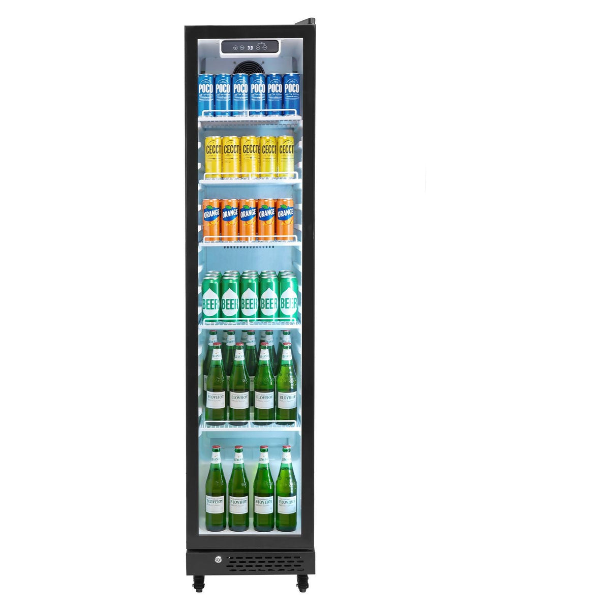 Commercial Merchandiser Refrigerator, 8.3 Cu.Ft / 235 L Glass Door Display Refrigerator, Upright Beverage Cooler Fridge with 5 Adjustable Shelves, Soft LED Light & Casters for Homes Shops Bars