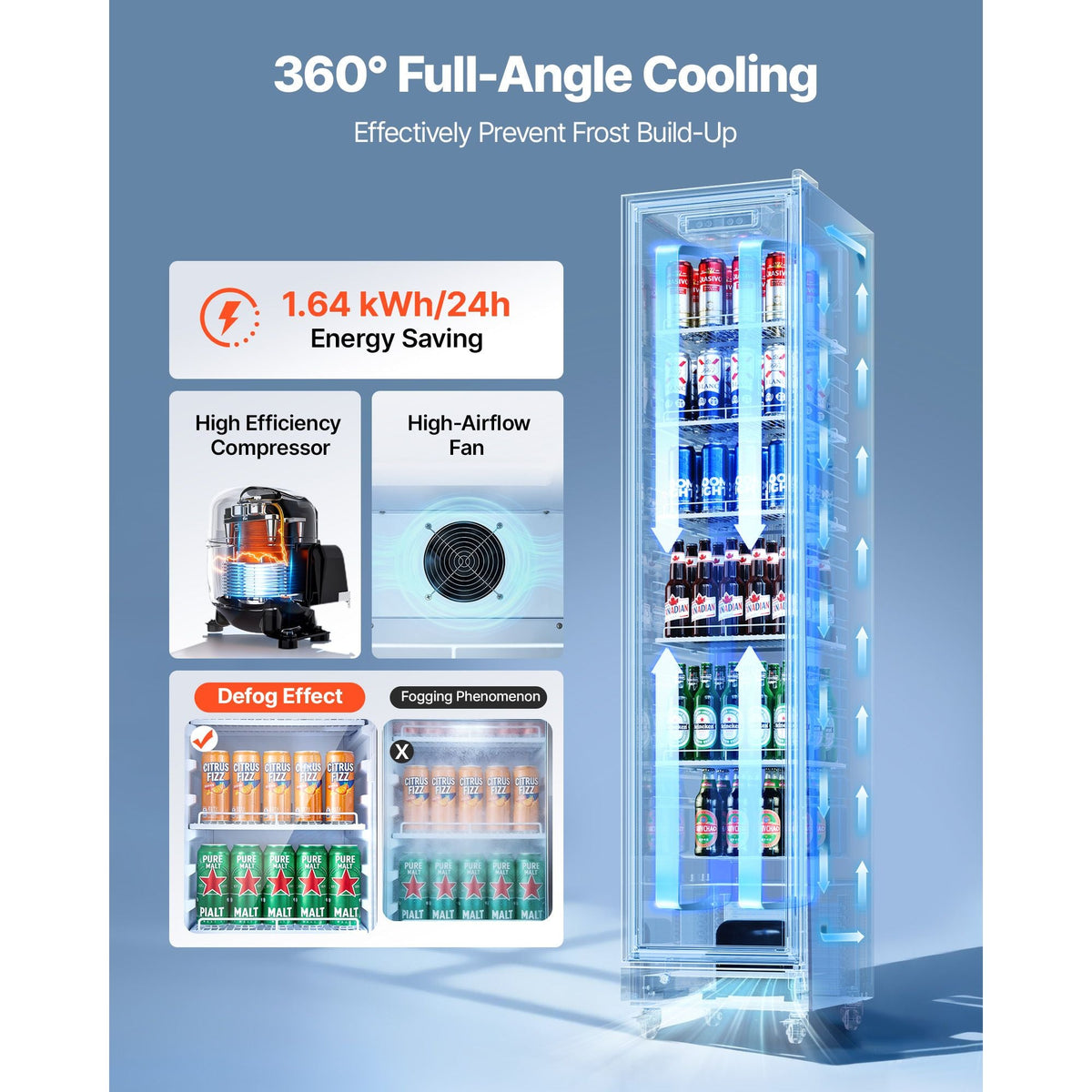 Commercial Merchandiser Refrigerator, 8.3 Cu.Ft / 235 L Glass Door Display Refrigerator, Upright Beverage Cooler Fridge with 5 Adjustable Shelves, Soft LED Light & Casters for Homes Shops Bars