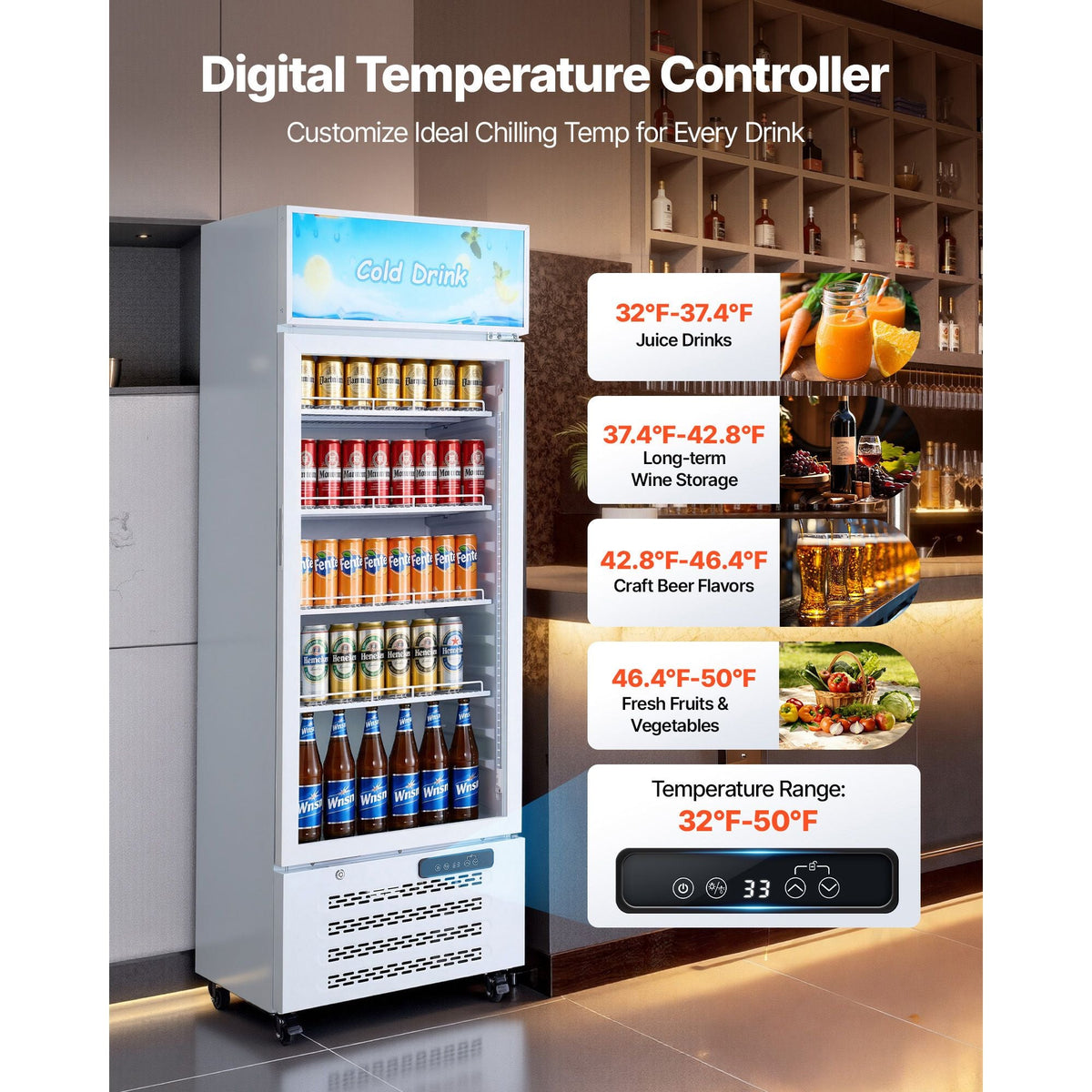 Commercial Merchandiser Refrigerator, 9.6 Cu.Ft / 273 L Glass Door Display Refrigerator, Upright Beverage Cooler with Customizable Lightbox, 4 Adjustable Shelves & Soft LED Light for Homes Shops