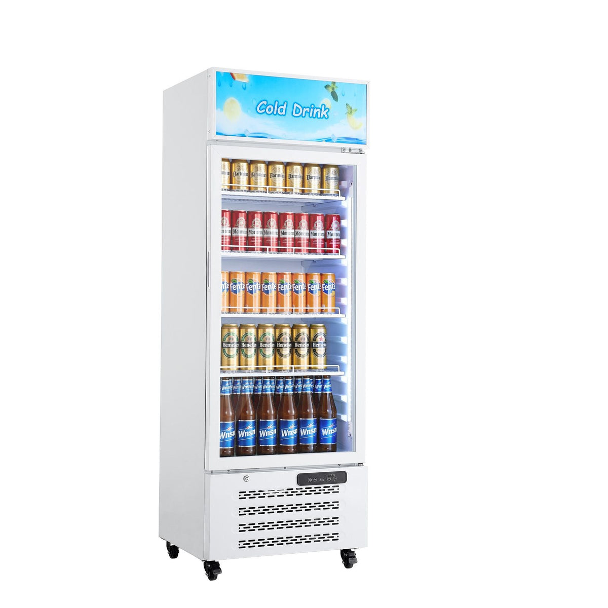 Commercial Merchandiser Refrigerator, 9.6 Cu.Ft / 273 L Glass Door Display Refrigerator, Upright Beverage Cooler with Customizable Lightbox, 4 Adjustable Shelves & Soft LED Light for Homes Shops