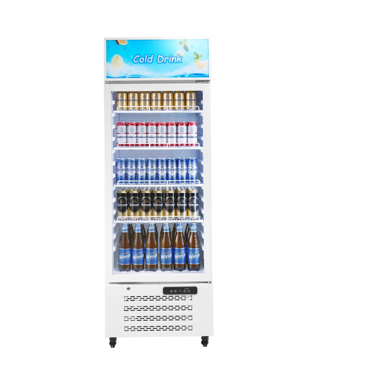 Commercial Merchandiser Refrigerator, 9.6 Cu.Ft / 273 L Glass Door Display Refrigerator, Upright Beverage Cooler with Customizable Lightbox, 4 Adjustable Shelves & Soft LED Light for Homes Shops