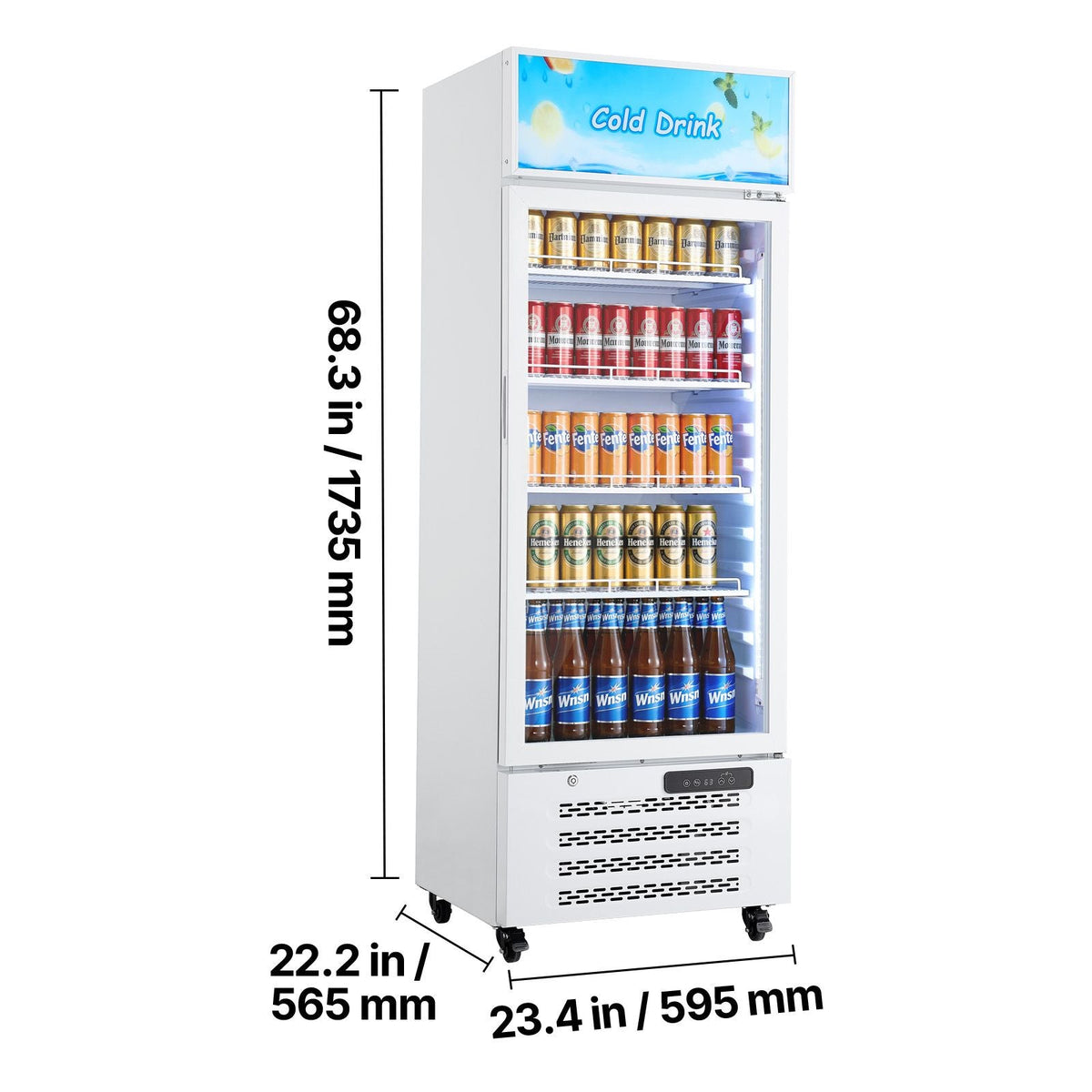 Commercial Merchandiser Refrigerator, 9.6 Cu.Ft / 273 L Glass Door Display Refrigerator, Upright Beverage Cooler with Customizable Lightbox, 4 Adjustable Shelves & Soft LED Light for Homes Shops