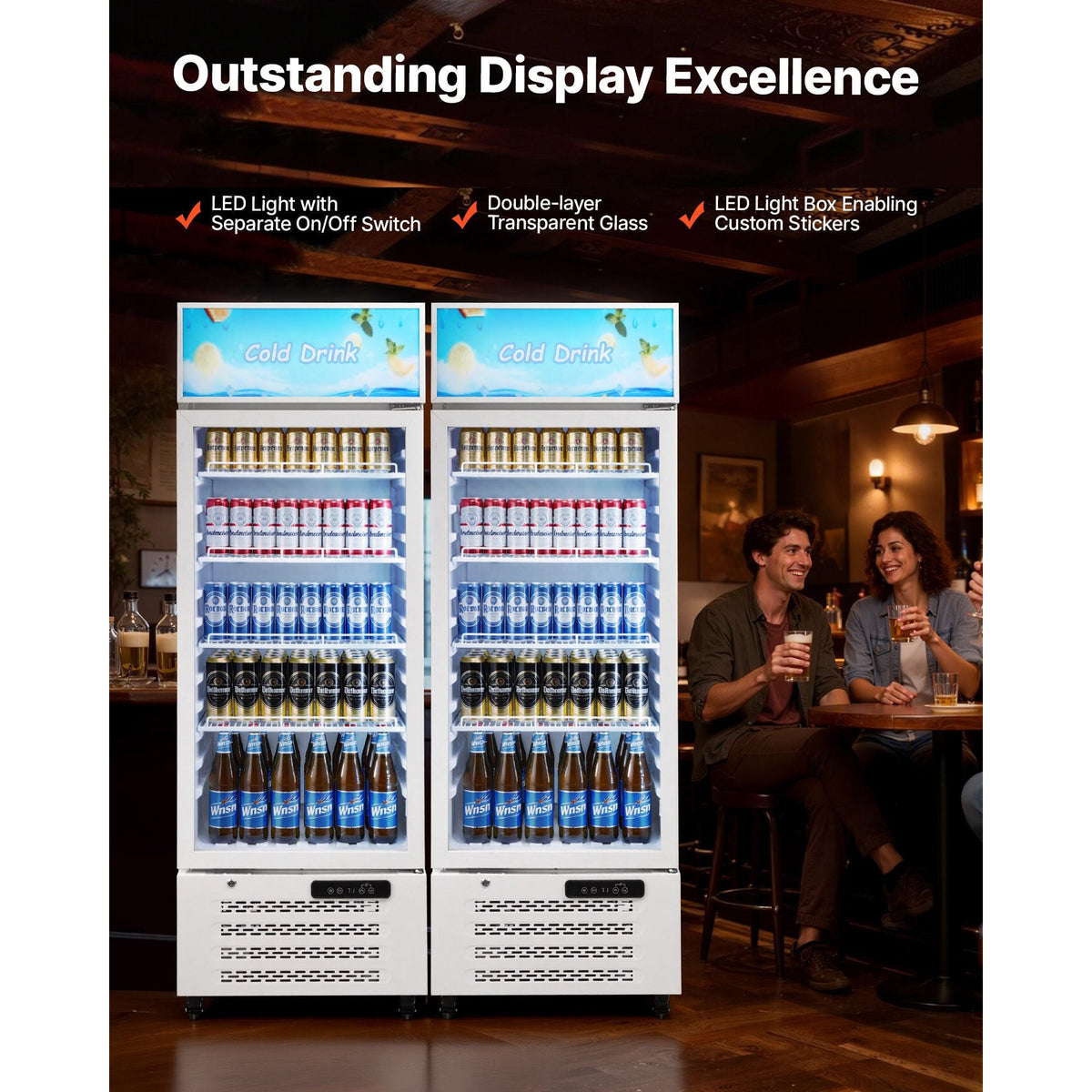 Commercial Merchandiser Refrigerator, 9.6 Cu.Ft / 273 L Glass Door Display Refrigerator, Upright Beverage Cooler with Customizable Lightbox, 4 Adjustable Shelves & Soft LED Light for Homes Shops