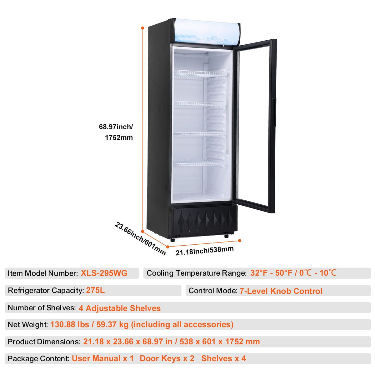 Commercial Merchandiser Refrigerator, 9.7 Cu.Ft / 275L Beverage Refrigerator Cooler Merchandiser, Glass Door Display Refrigerator Upright Fridge with 4 Adjustable Shelves, Customizable Lightbox