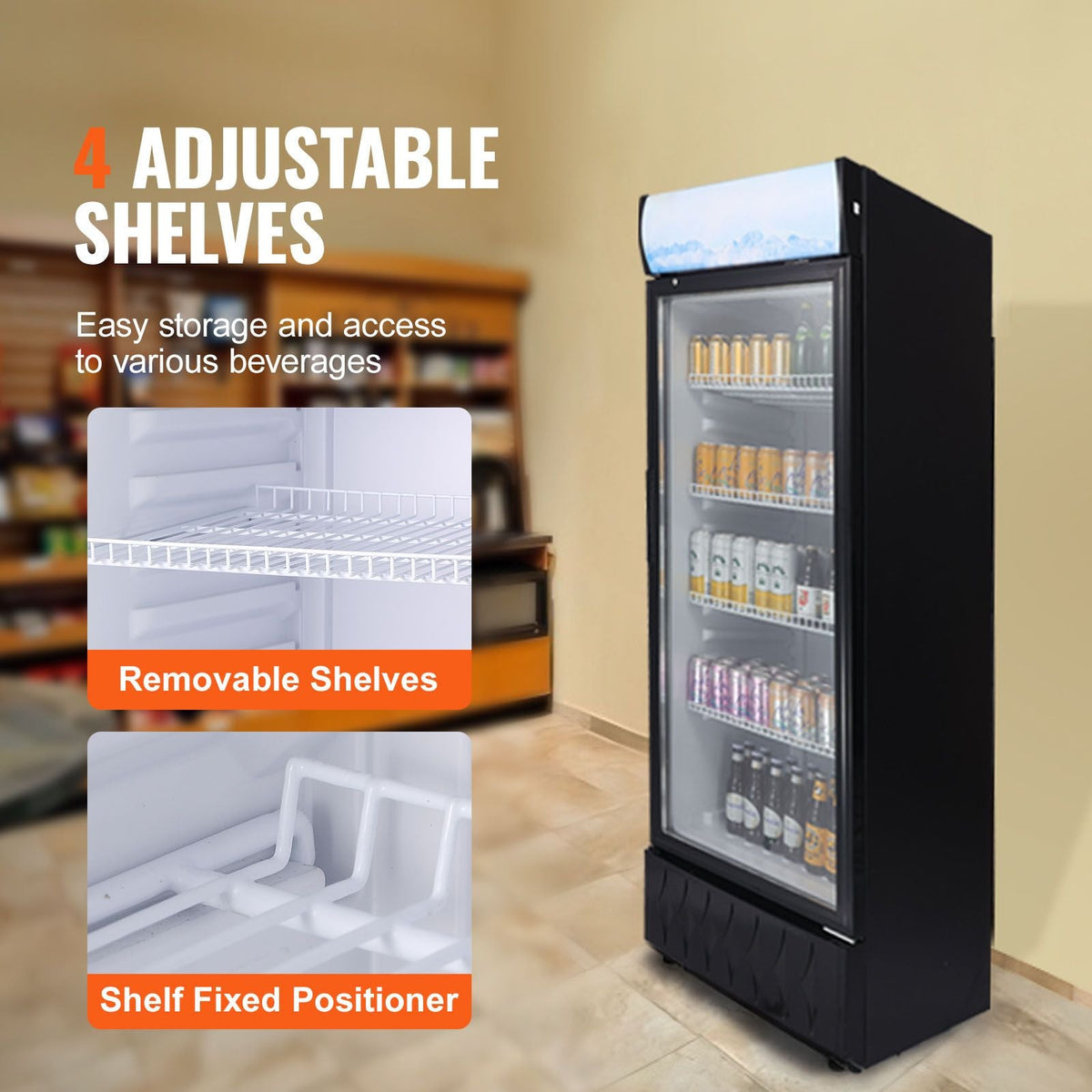 Commercial Merchandiser Refrigerator, 9.7 Cu.Ft / 275L Beverage Refrigerator Cooler Merchandiser, Glass Door Display Refrigerator Upright Fridge with 4 Adjustable Shelves, Customizable Lightbox