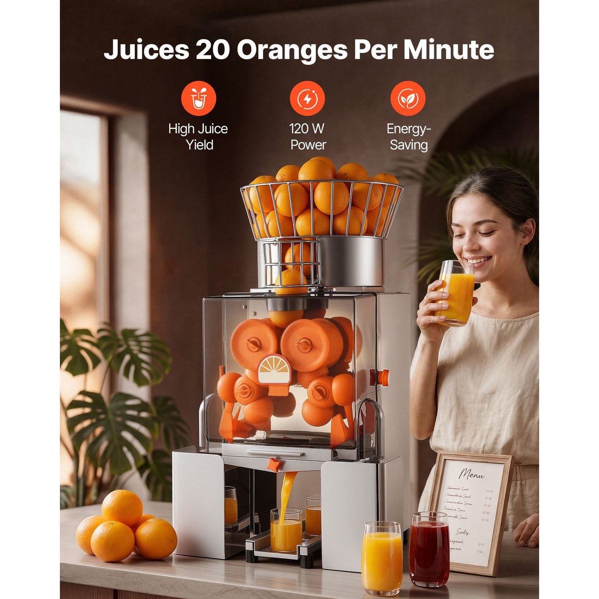 Commercial Orange Juicer Machine, 120W Electric Automatic Orange Squeezer, Lemon Citrus Pomegranates Extractor for 20 per Minute, Stainless Steel, with Peel Collecting Bucket, PC Cover