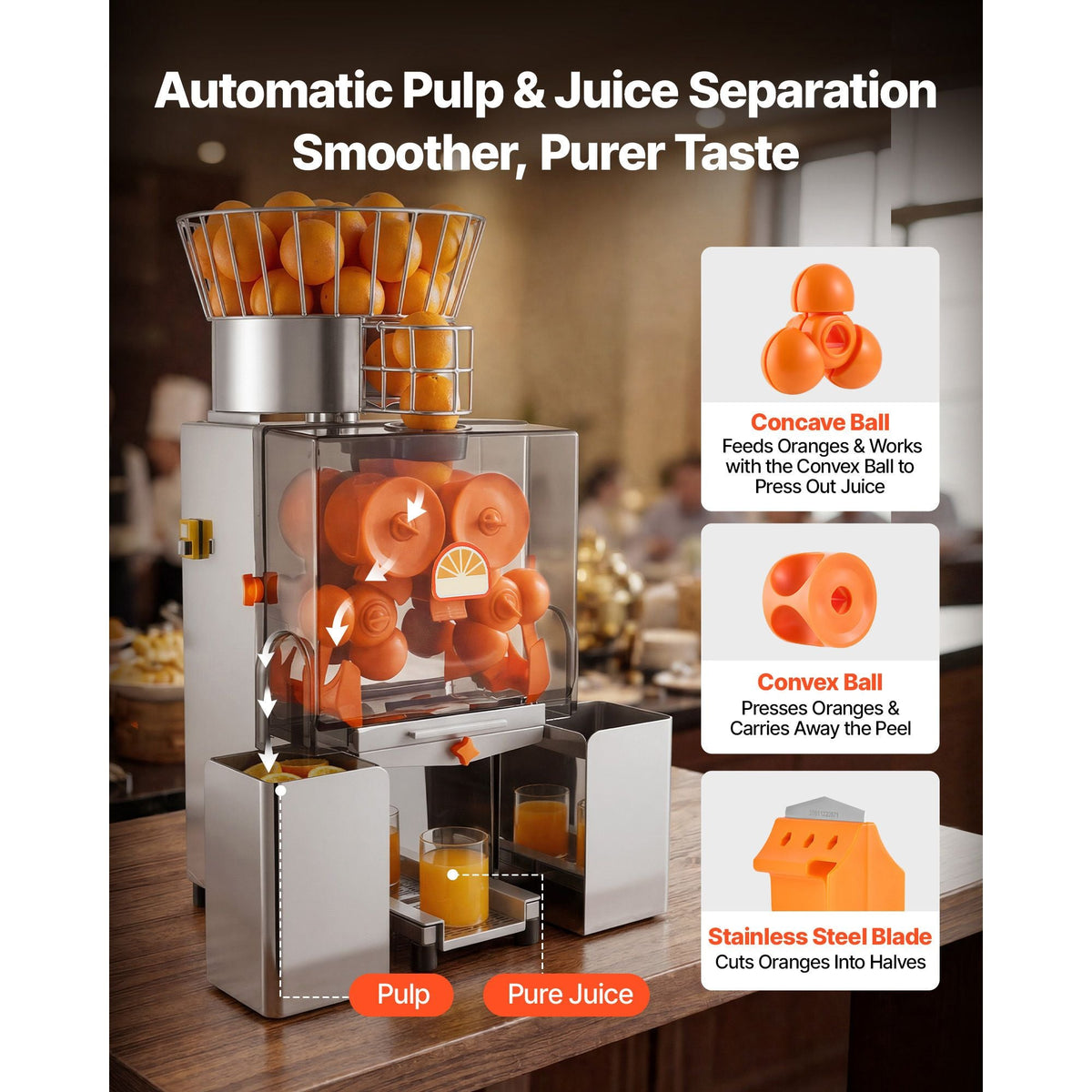 Commercial Orange Juicer Machine, 120W Electric Automatic Orange Squeezer, Lemon Citrus Pomegranates Extractor for 20 per Minute, Stainless Steel, with Peel Collecting Bucket, PC Cover