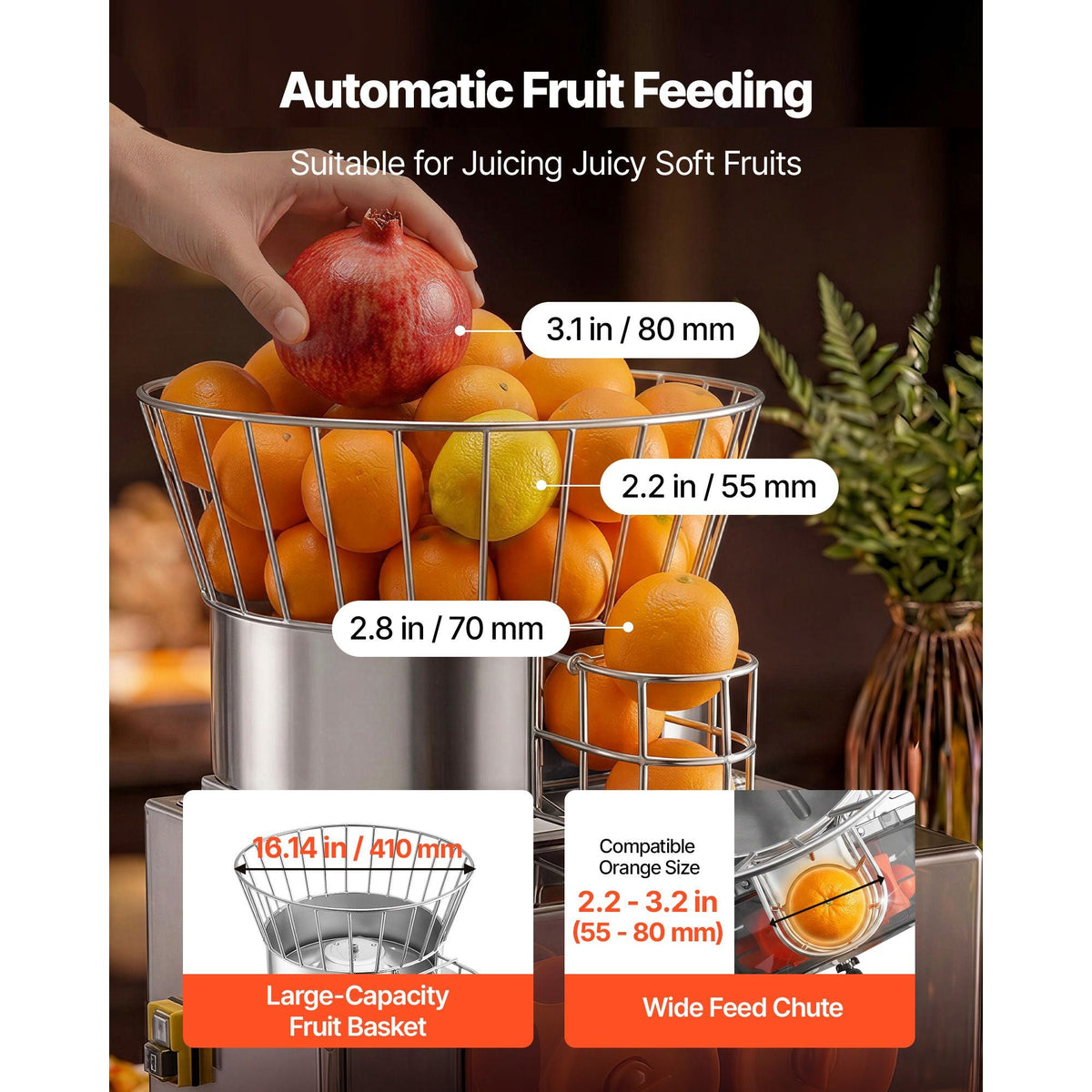 Commercial Orange Juicer Machine, 120W Electric Automatic Orange Squeezer, Lemon Citrus Pomegranates Extractor for 20 per Minute, Stainless Steel, with Water Tap, Peels Collecting Bucket