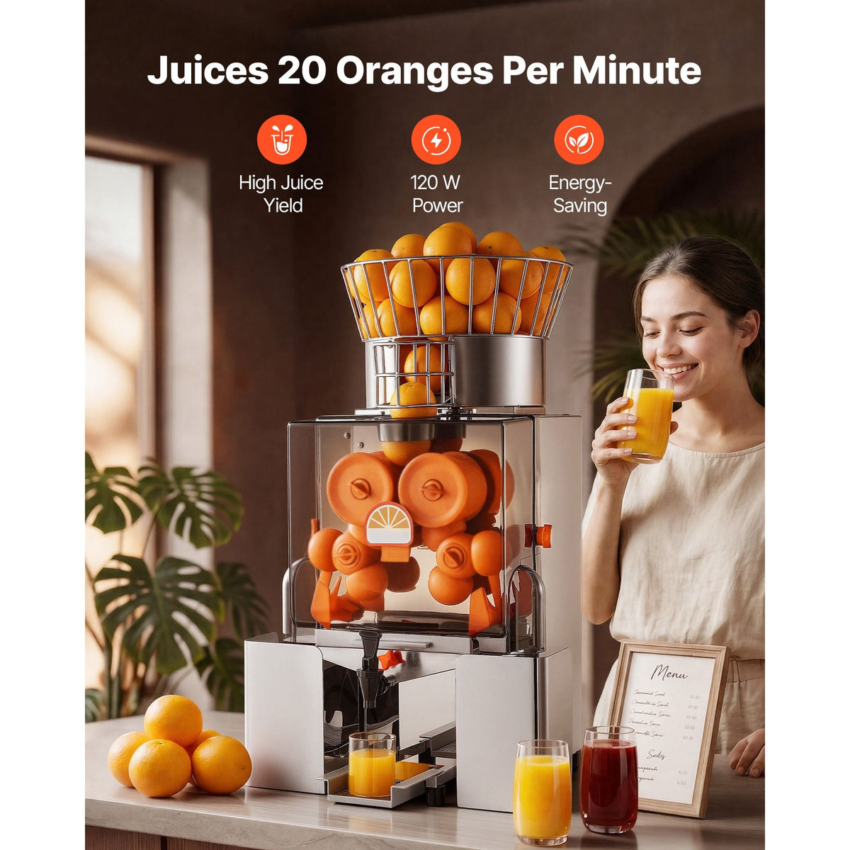 Commercial Orange Juicer Machine, 120W Electric Automatic Orange Squeezer, Lemon Citrus Pomegranates Extractor for 20 per Minute, Stainless Steel, with Water Tap, Peels Collecting Bucket