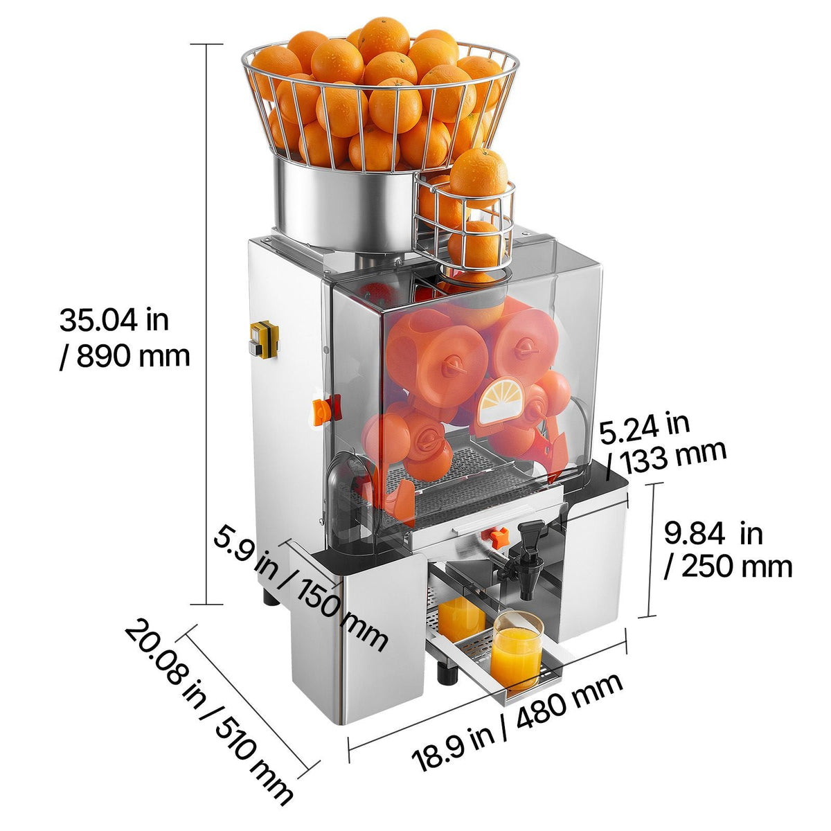Commercial Orange Juicer Machine, 120W Electric Automatic Orange Squeezer, Lemon Citrus Pomegranates Extractor for 20 per Minute, Stainless Steel, with Water Tap, Peels Collecting Bucket