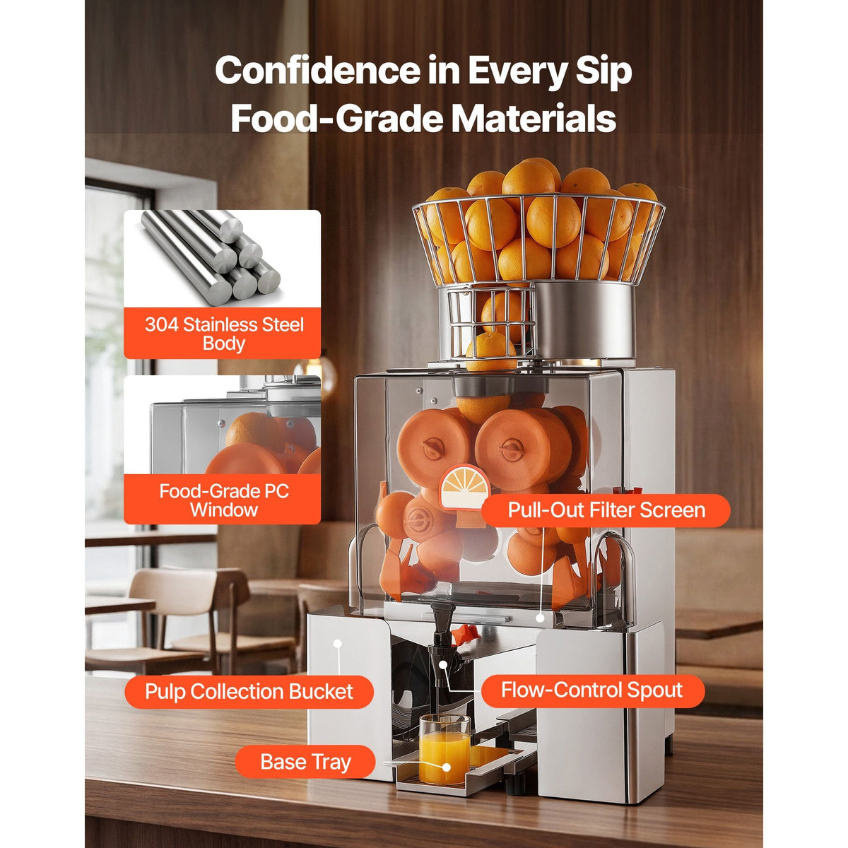 Commercial Orange Juicer Machine, 120W Electric Automatic Orange Squeezer, Lemon Citrus Pomegranates Extractor for 20 per Minute, Stainless Steel, with Water Tap, Peels Collecting Bucket
