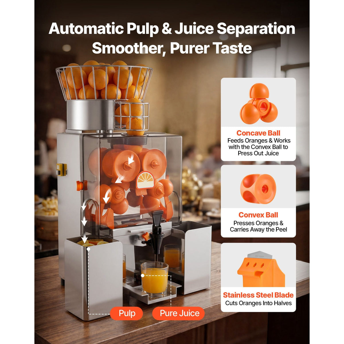 Commercial Orange Juicer Machine, 120W Electric Automatic Orange Squeezer, Lemon Citrus Pomegranates Extractor for 20 per Minute, Stainless Steel, with Water Tap, Peels Collecting Bucket