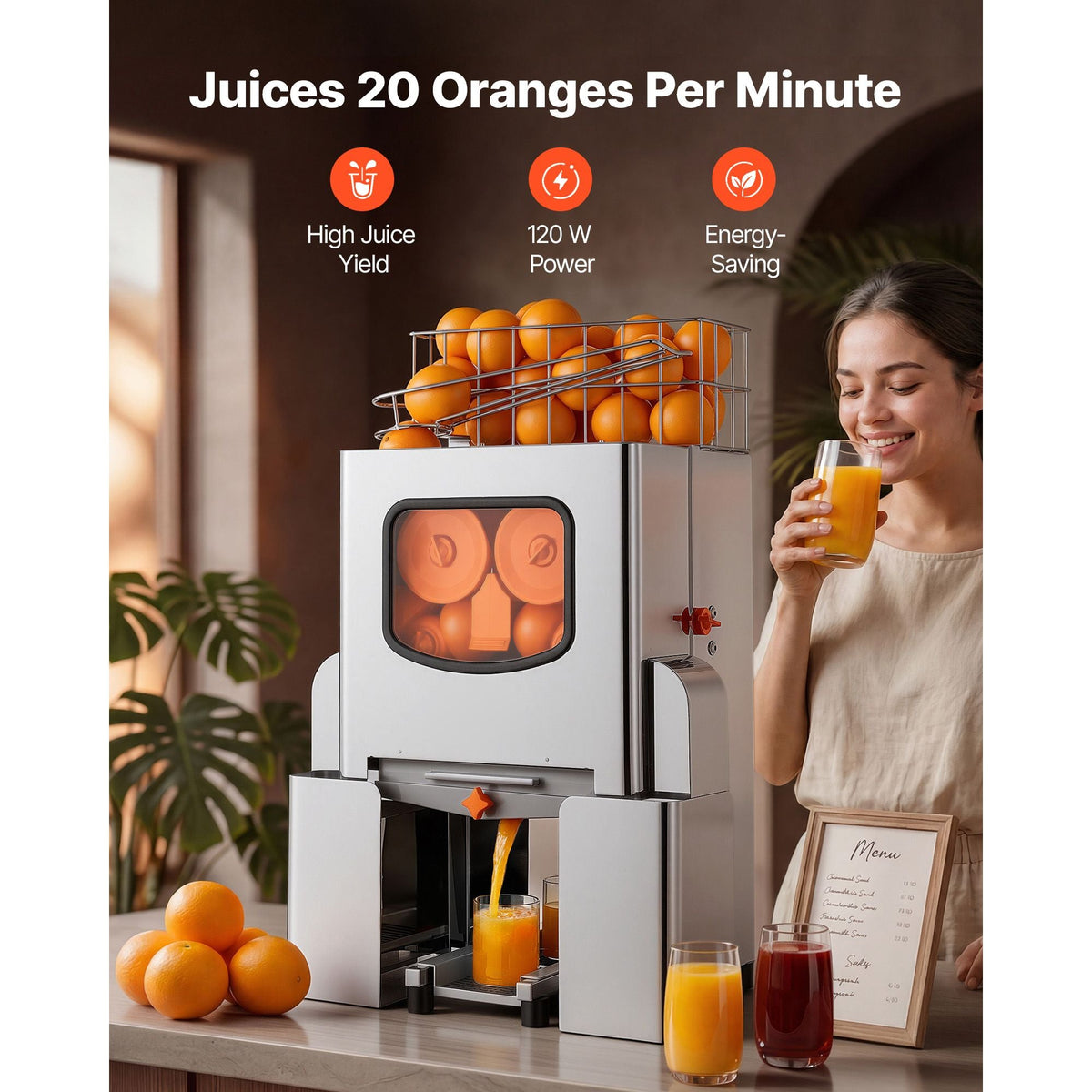 Commercial Orange Juicer Machine, 120W Electric Orange Juice Press, Stainless Steel Orange Squeezer for 20 per Minute, Lemon Citrus Pomegranates Extractor with Peels Collecting Bucket