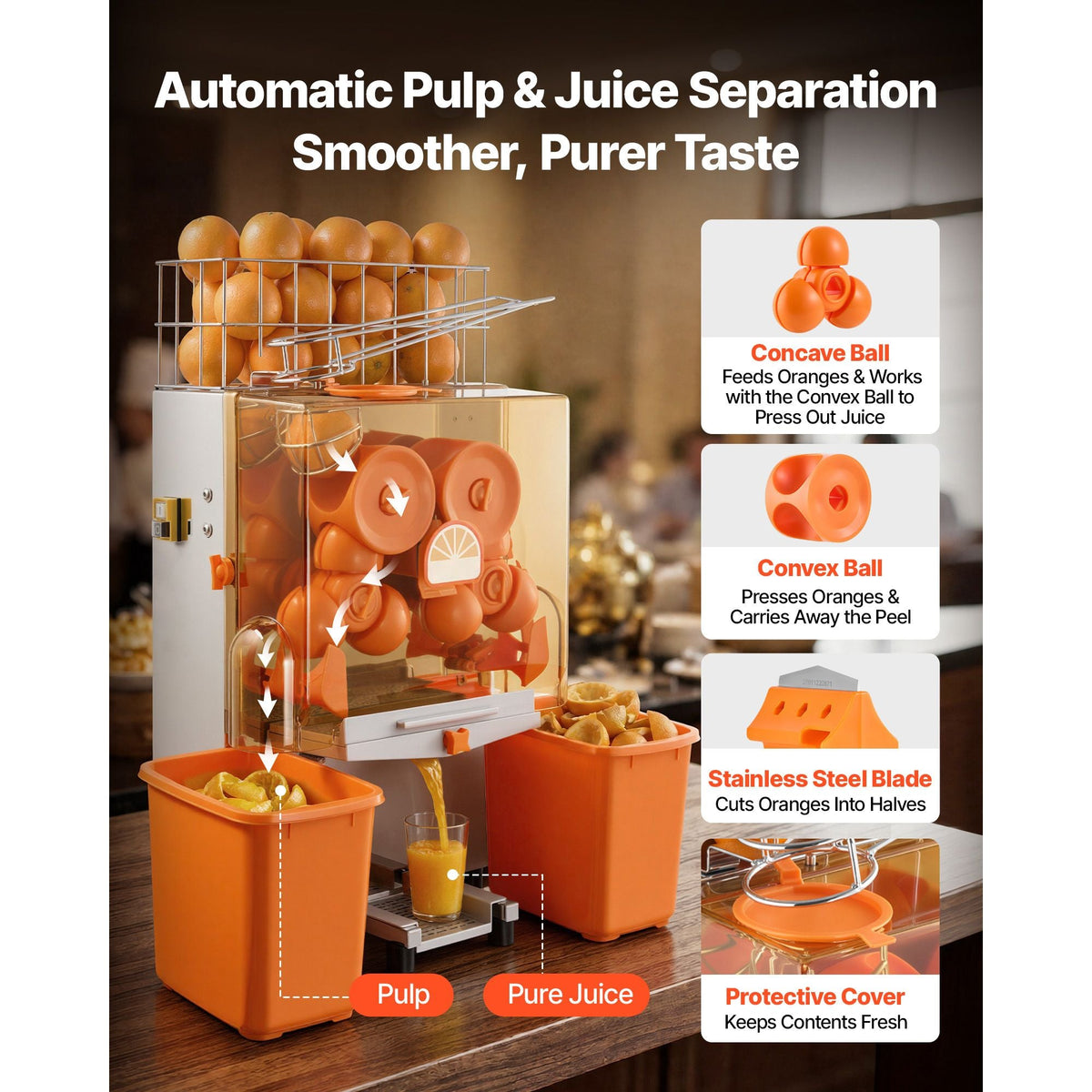 Commercial Orange Juicer Machine, 120W Electric Orange Juice Press, Stainless Steel Orange Squeezer for 20 per Minute, Lemon Citrus Pomegranates Extractor with Peels Collecting Bucket
