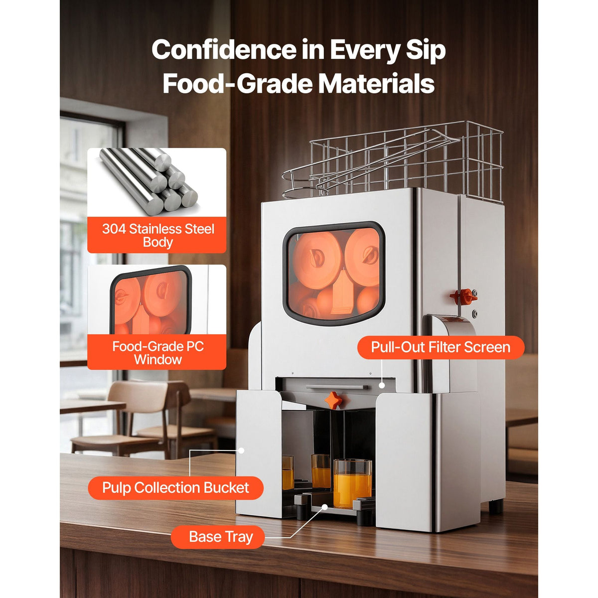 Commercial Orange Juicer Machine, 120W Electric Orange Juice Press, Stainless Steel Orange Squeezer for 20 per Minute, Lemon Citrus Pomegranates Extractor with Peels Collecting Bucket