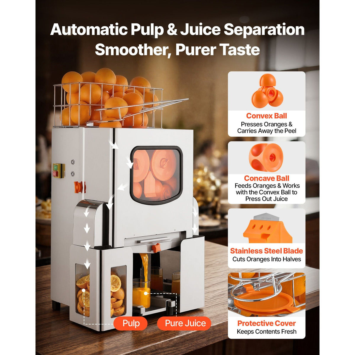 Commercial Orange Juicer Machine, 120W Electric Orange Juice Press, Stainless Steel Orange Squeezer for 20 per Minute, Lemon Citrus Pomegranates Extractor with Peels Collecting Bucket