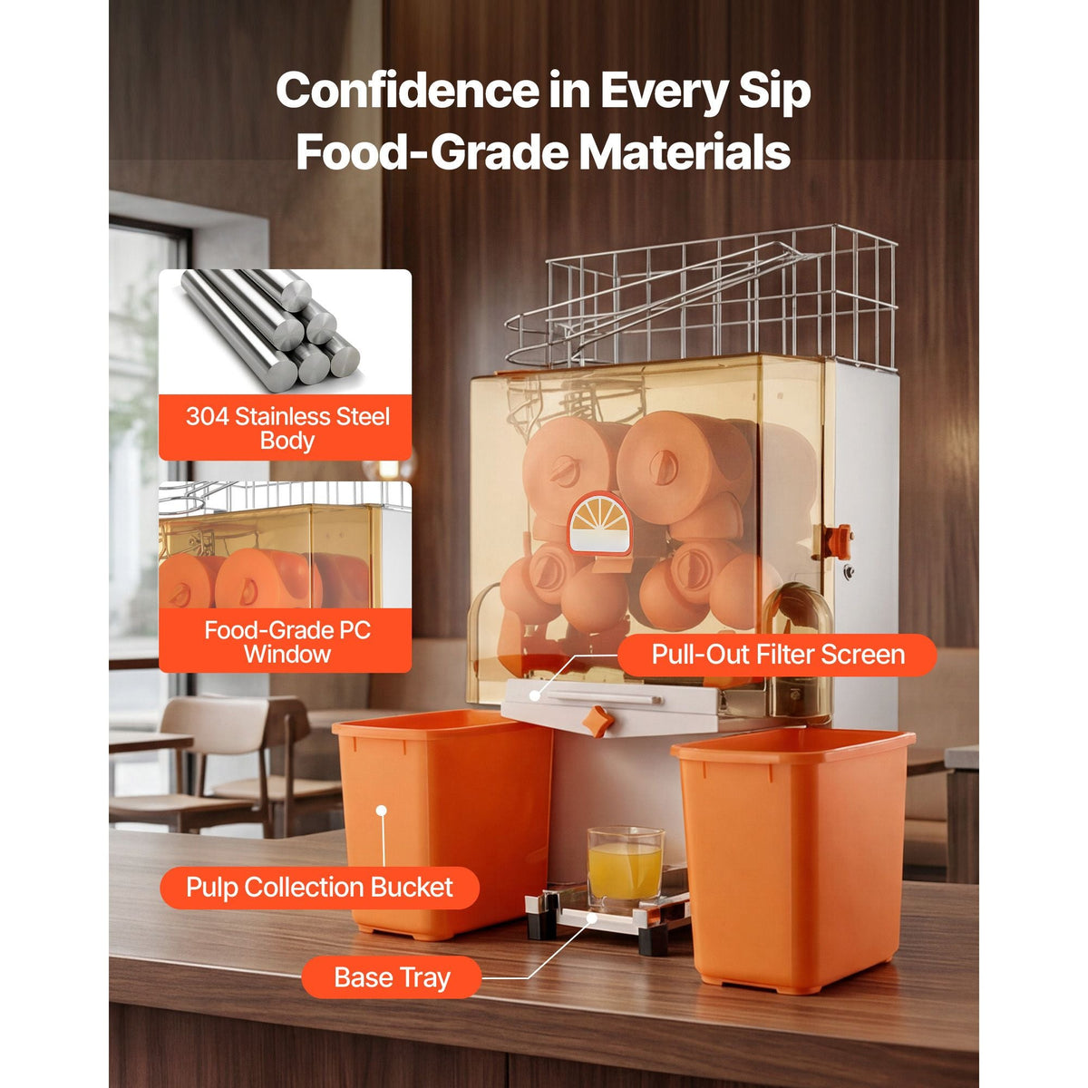 Commercial Orange Juicer Machine, 120W Electric Orange Juice Press, Stainless Steel Orange Squeezer for 20 per Minute, Lemon Citrus Pomegranates Extractor with Peels Collecting Bucket