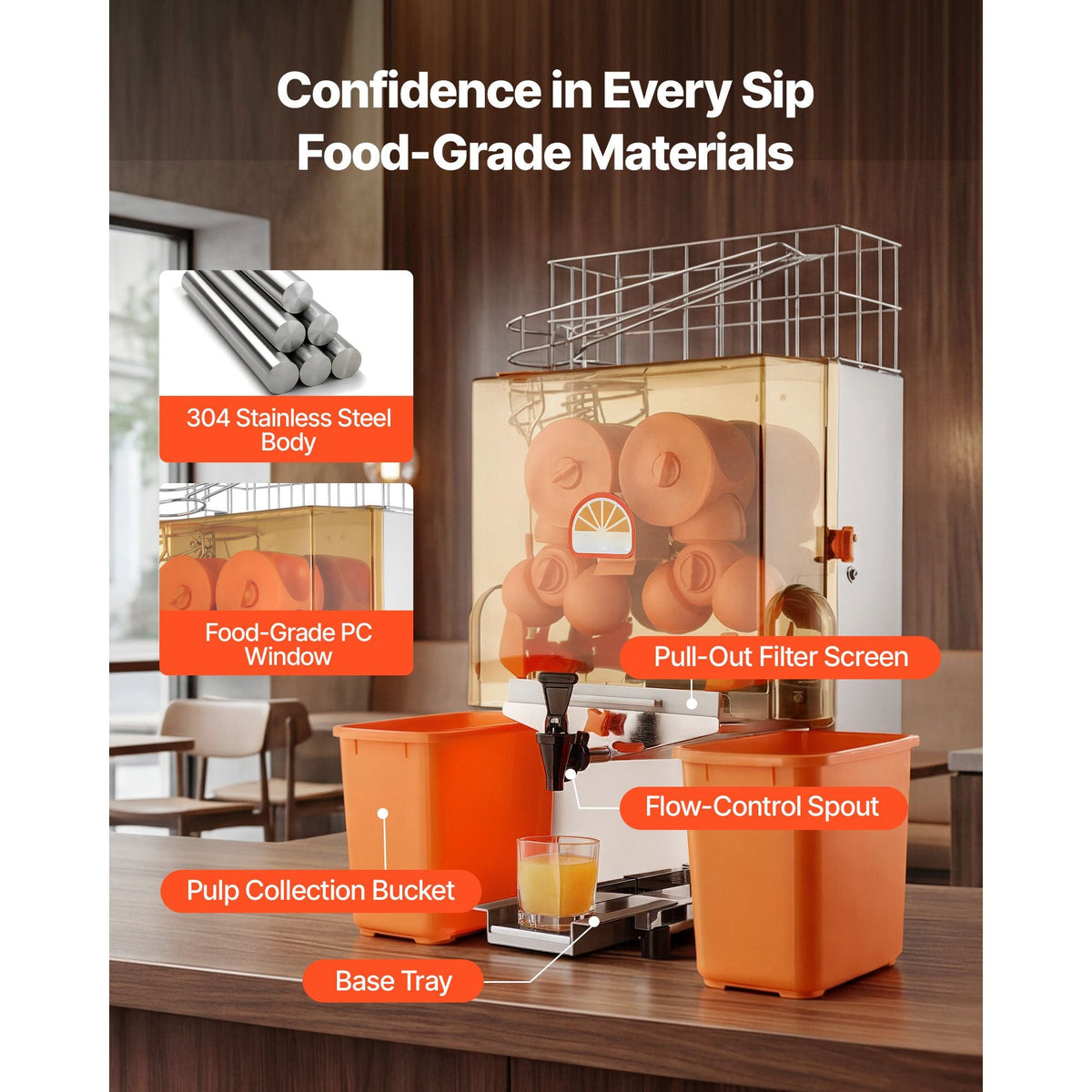 Commercial Orange Juicer Machine, 120W Electric Orange Juice Press, Stainless Steel Orange Squeezer for 20 per Minute, Lemon Citrus Pomegranates Extractor with Water Tap, Peels Collecting Bucket