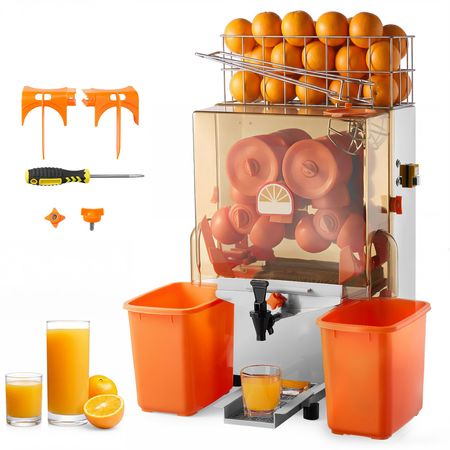 Commercial Orange Juicer Machine, 120W Electric Orange Juice Press, Stainless Steel Orange Squeezer for 20 per Minute, Lemon Citrus Pomegranates Extractor with Water Tap, Peels Collecting Bucket