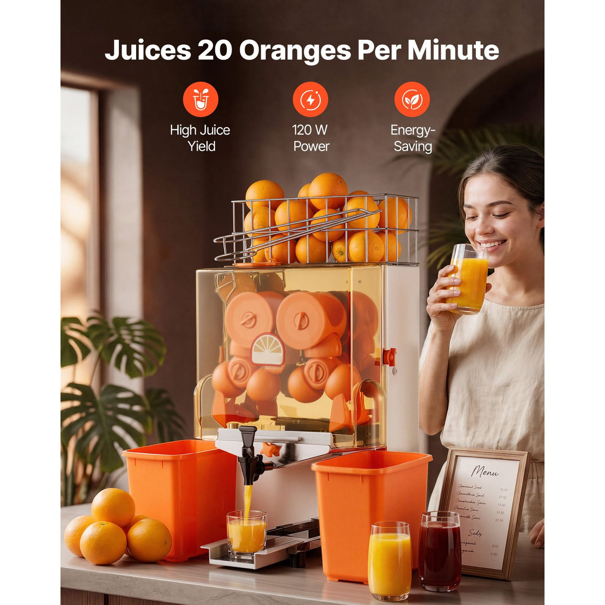 Commercial Orange Juicer Machine, 120W Electric Orange Juice Press, Stainless Steel Orange Squeezer for 20 per Minute, Lemon Citrus Pomegranates Extractor with Water Tap, Peels Collecting Bucket
