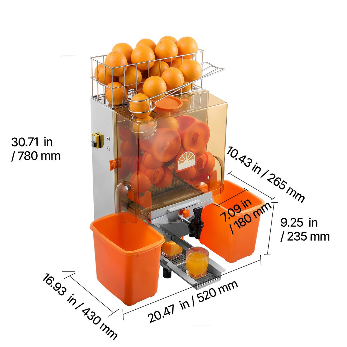 Commercial Orange Juicer Machine, 120W Electric Orange Juice Press, Stainless Steel Orange Squeezer for 20 per Minute, Lemon Citrus Pomegranates Extractor with Water Tap, Peels Collecting Bucket
