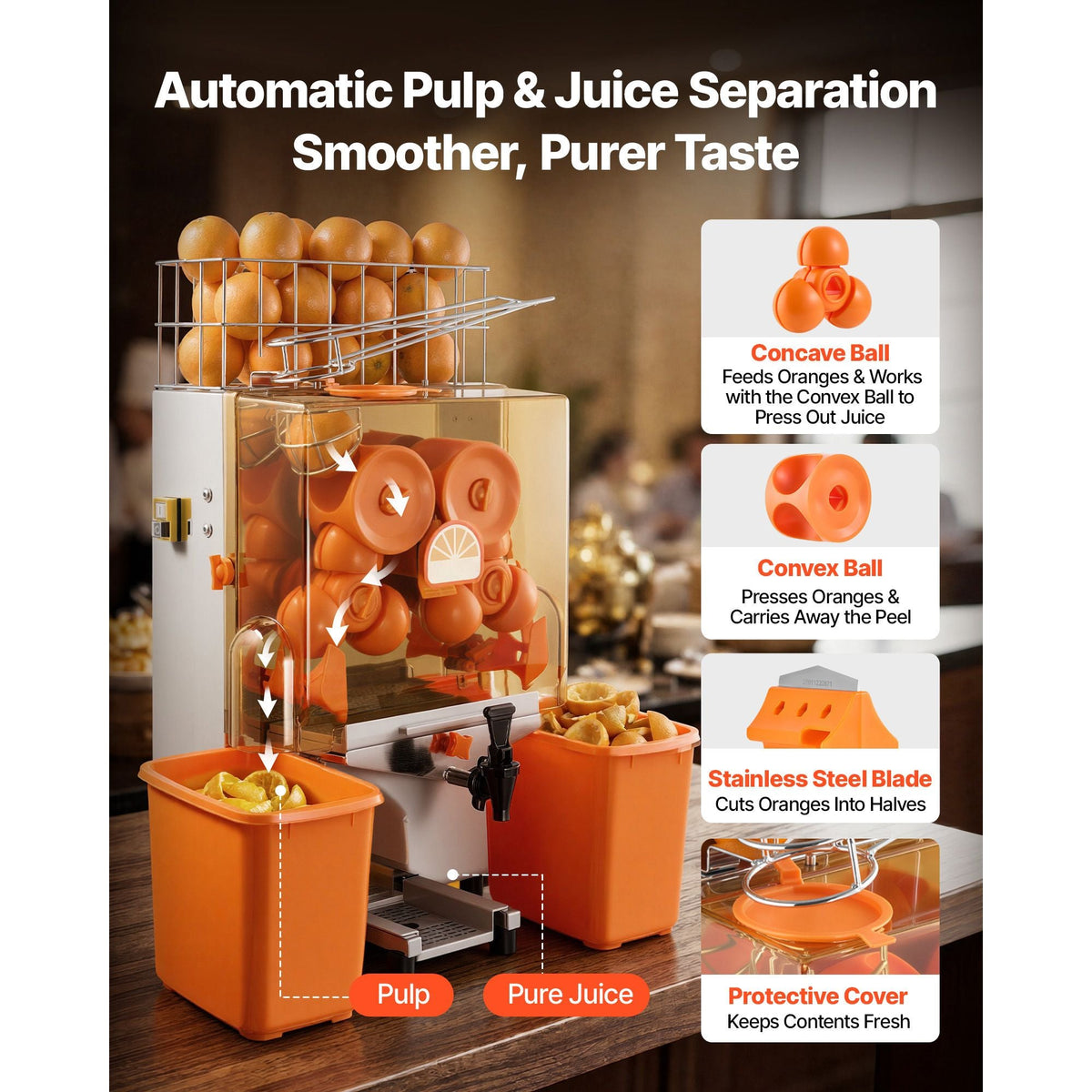 Commercial Orange Juicer Machine, 120W Electric Orange Juice Press, Stainless Steel Orange Squeezer for 20 per Minute, Lemon Citrus Pomegranates Extractor with Water Tap, Peels Collecting Bucket