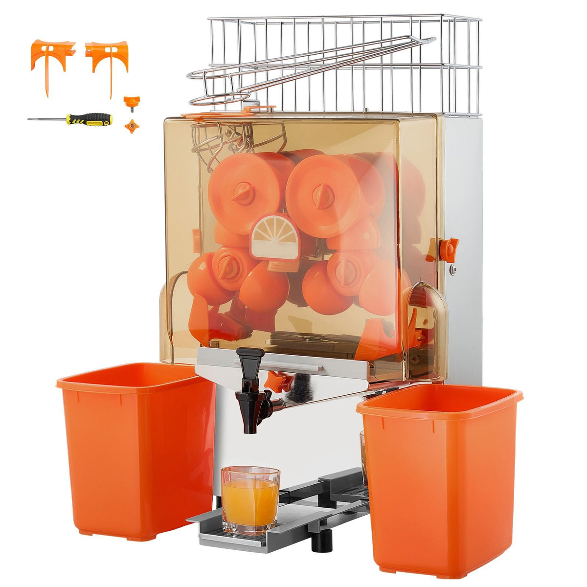 Commercial Orange Juicer Machine, 120W Electric Orange Juice Press, Stainless Steel Orange Squeezer for 20 per Minute, Lemon Citrus Pomegranates Extractor with Water Tap, Peels Collecting Bucket