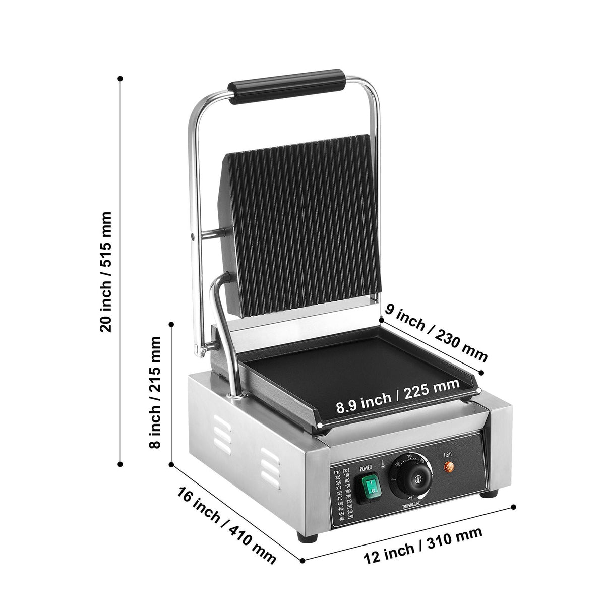 Commercial Panini Grill, 1800W Electric Sandwich Panini Maker, Stainless Steel Sandwich Press Grill, Panini Grill with Temp Control & 9"x9" Flat Enamel Plate, for Hamburger Steak Bacon