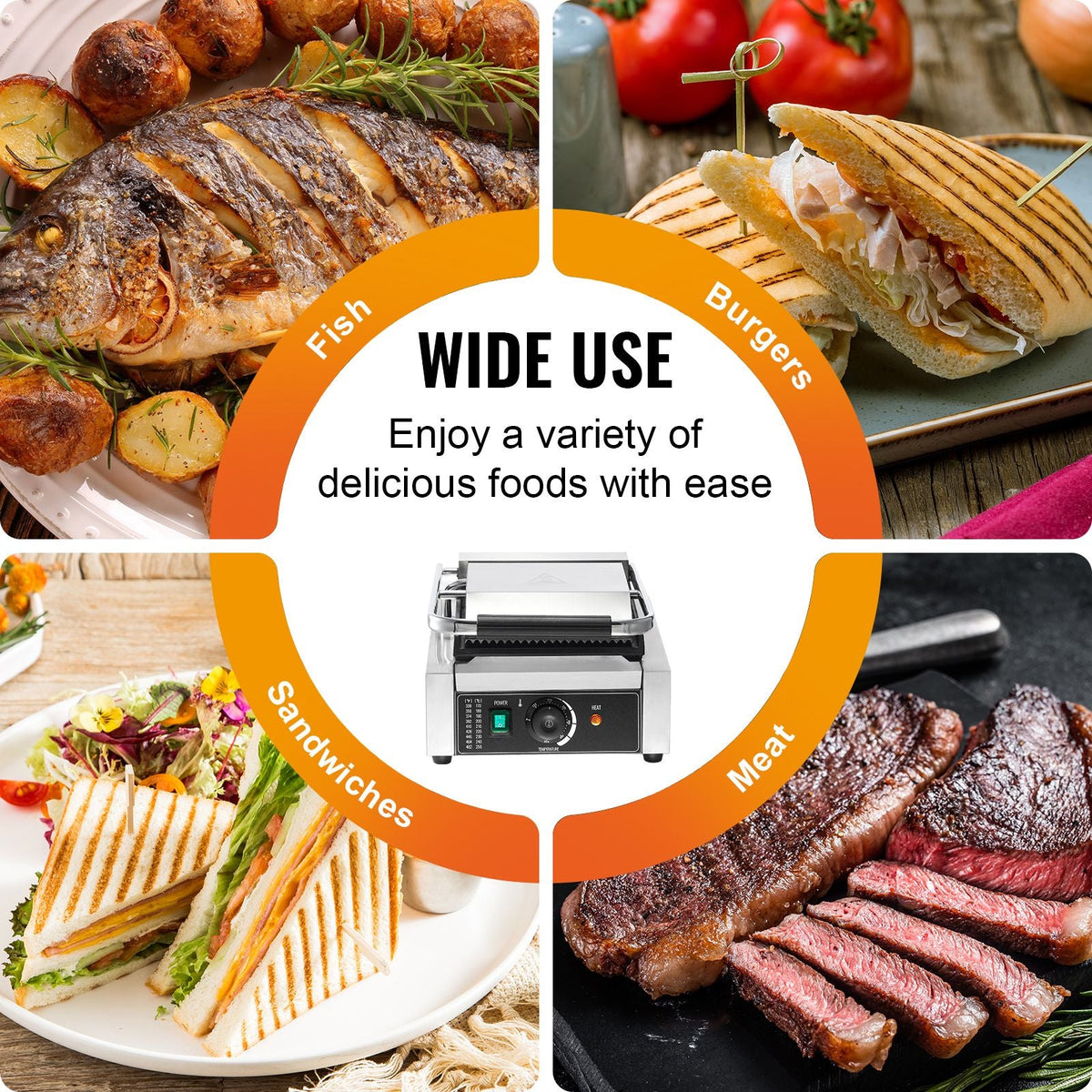 Commercial Panini Grill, 1800W Electric Sandwich Panini Maker, Stainless Steel Sandwich Press Grill, Panini Grill with Temp Control & 9"x9" Flat Enamel Plate, for Hamburger Steak Bacon