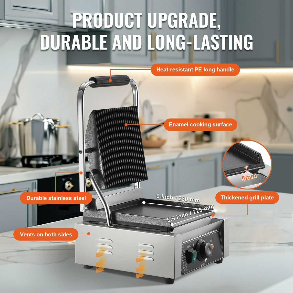 Commercial Panini Grill, 1800W Electric Sandwich Panini Maker, Stainless Steel Sandwich Press Grill, Panini Grill with Temp Control & 9"x9" Flat Enamel Plate, for Hamburger Steak Bacon