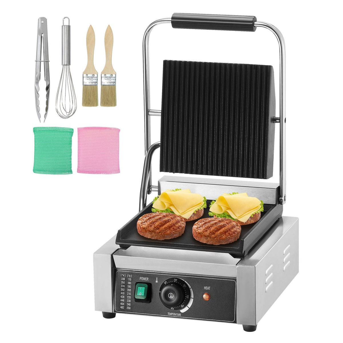 Commercial Panini Grill, 1800W Electric Sandwich Panini Maker, Stainless Steel Sandwich Press Grill, Panini Grill with Temp Control & 9"x9" Flat Enamel Plate, for Hamburger Steak Bacon