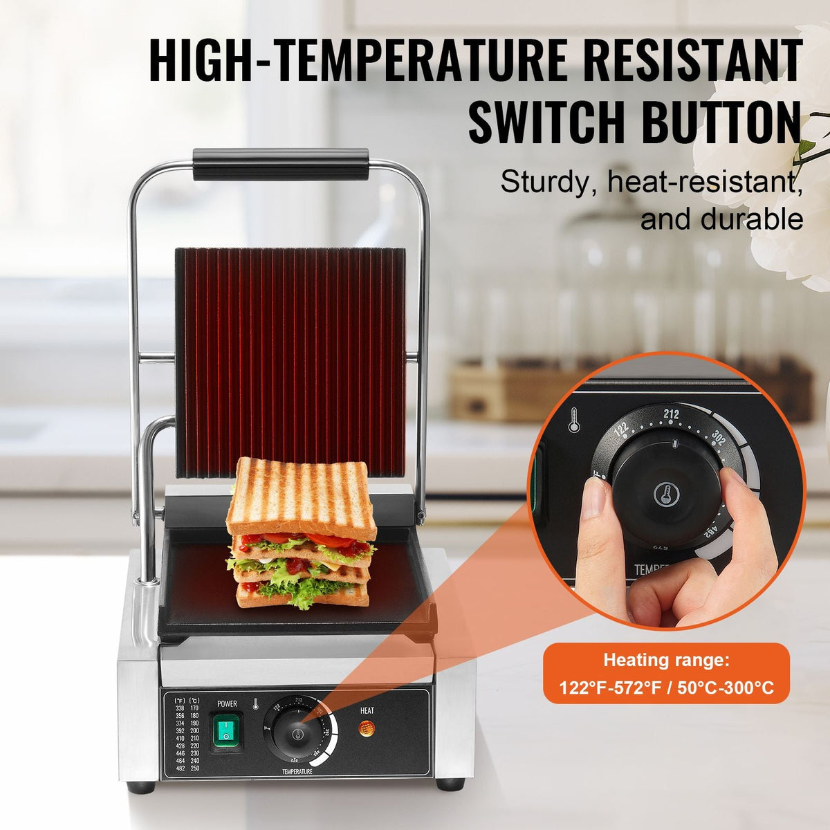 Commercial Panini Grill, 1800W Electric Sandwich Panini Maker, Stainless Steel Sandwich Press Grill, Panini Grill with Temp Control & 9"x9" Flat Enamel Plate, for Hamburger Steak Bacon