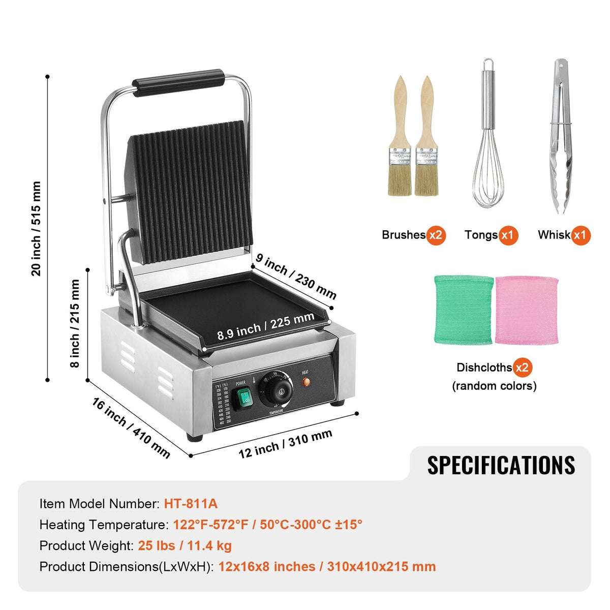 Commercial Panini Grill, 1800W Electric Sandwich Panini Maker, Stainless Steel Sandwich Press Grill, Panini Grill with Temp Control & 9"x9" Flat Enamel Plate, for Hamburger Steak Bacon