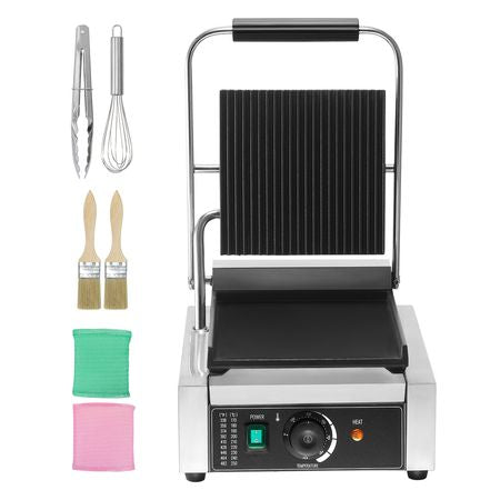 Commercial Panini Grill, 1800W Electric Sandwich Panini Maker, Stainless Steel Sandwich Press Grill, Panini Grill with Temp Control & 9"x9" Flat Enamel Plate, for Hamburger Steak Bacon