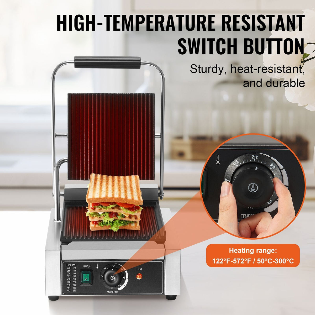 Commercial Panini Grill, 1800W Electric Sandwich Panini Maker, Stainless Steel Sandwich Press Grill, Panini Grill with Temp Control & 9"x9" Full Grooved Enamel Plate for Hamburger Steak Bacon