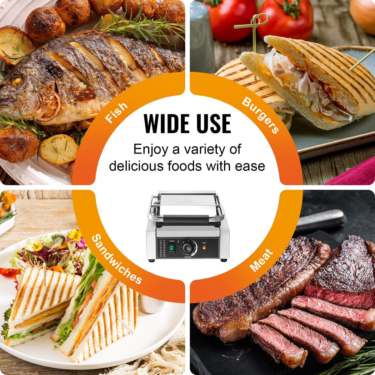 Commercial Panini Grill, 1800W Electric Sandwich Panini Maker, Stainless Steel Sandwich Press Grill, Panini Grill with Temp Control & 9"x9" Full Grooved Enamel Plate for Hamburger Steak Bacon