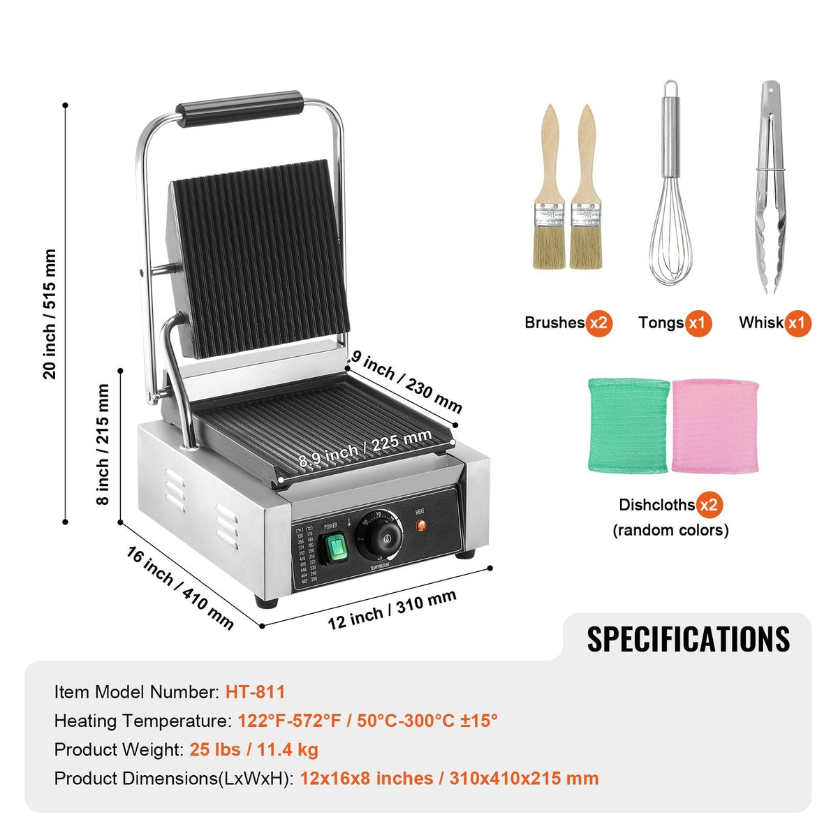 Commercial Panini Grill, 1800W Electric Sandwich Panini Maker, Stainless Steel Sandwich Press Grill, Panini Grill with Temp Control & 9"x9" Full Grooved Enamel Plate for Hamburger Steak Bacon