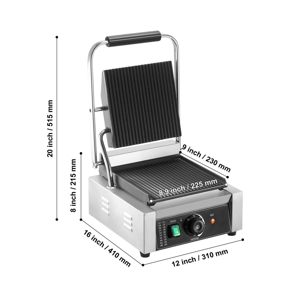 Commercial Panini Grill, 1800W Electric Sandwich Panini Maker, Stainless Steel Sandwich Press Grill, Panini Grill with Temp Control & 9"x9" Full Grooved Enamel Plate for Hamburger Steak Bacon