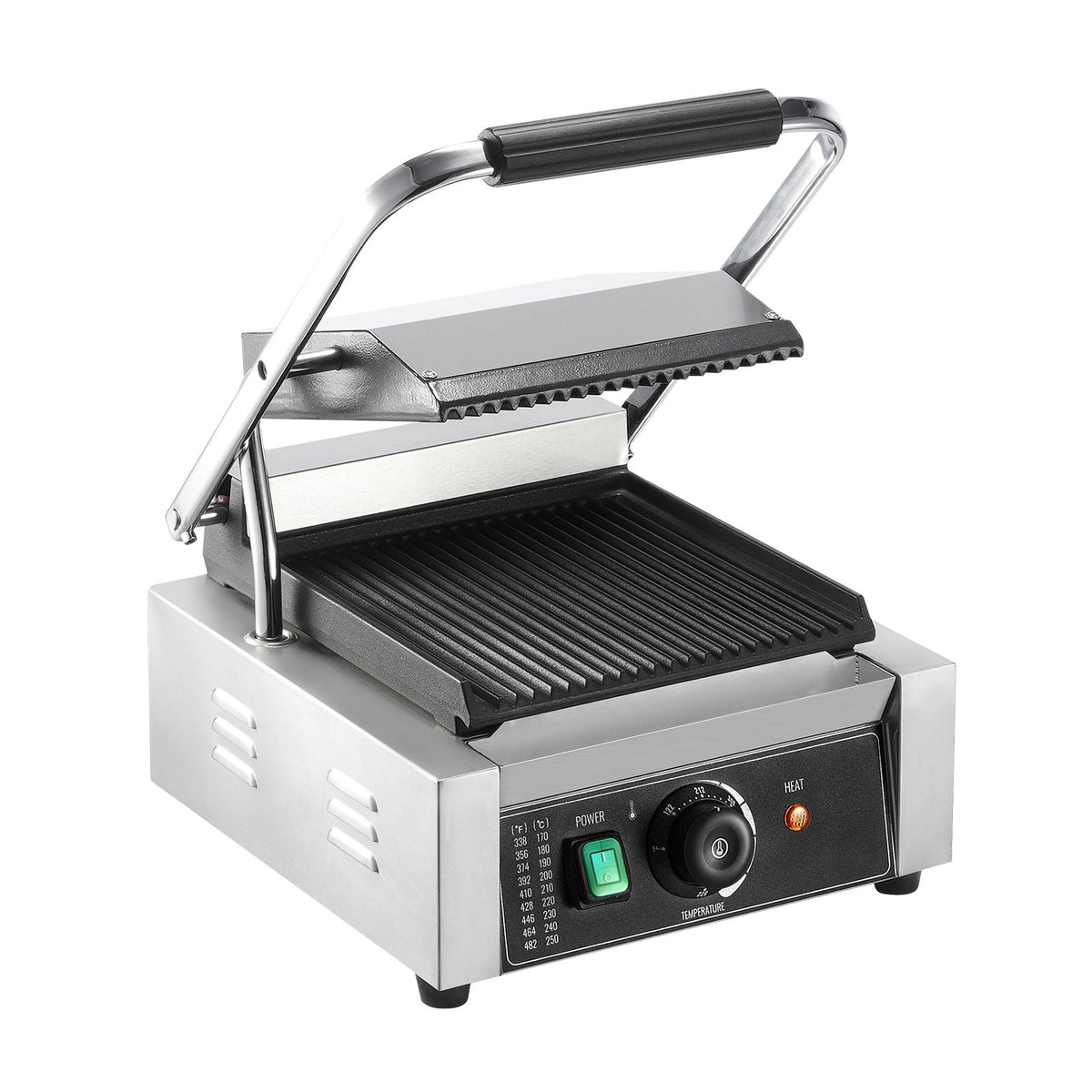 Commercial Panini Grill, 1800W Electric Sandwich Panini Maker, Stainless Steel Sandwich Press Grill, Panini Grill with Temp Control & 9"x9" Full Grooved Enamel Plate for Hamburger Steak Bacon
