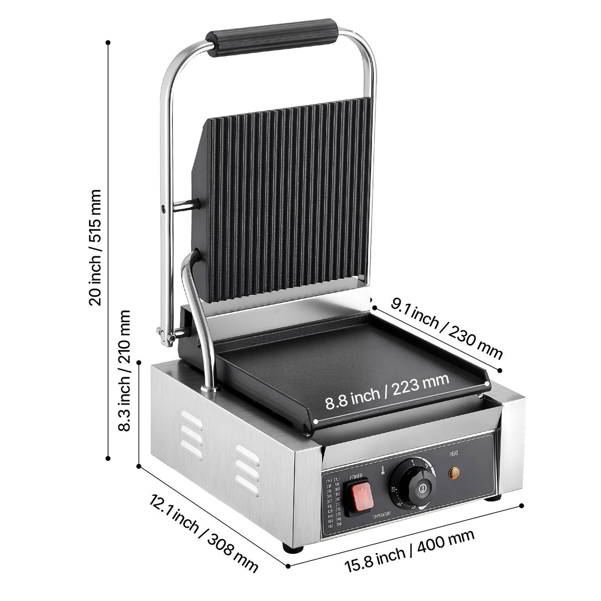 Commercial Panini Grill, 1800W Electric Sandwich Panini Maker, Stainless Steel Sandwichs Press Grill with Handle and Temp Control, 8.8x9 in Flat Enamel Plate, for Hamburger Steak Bacon