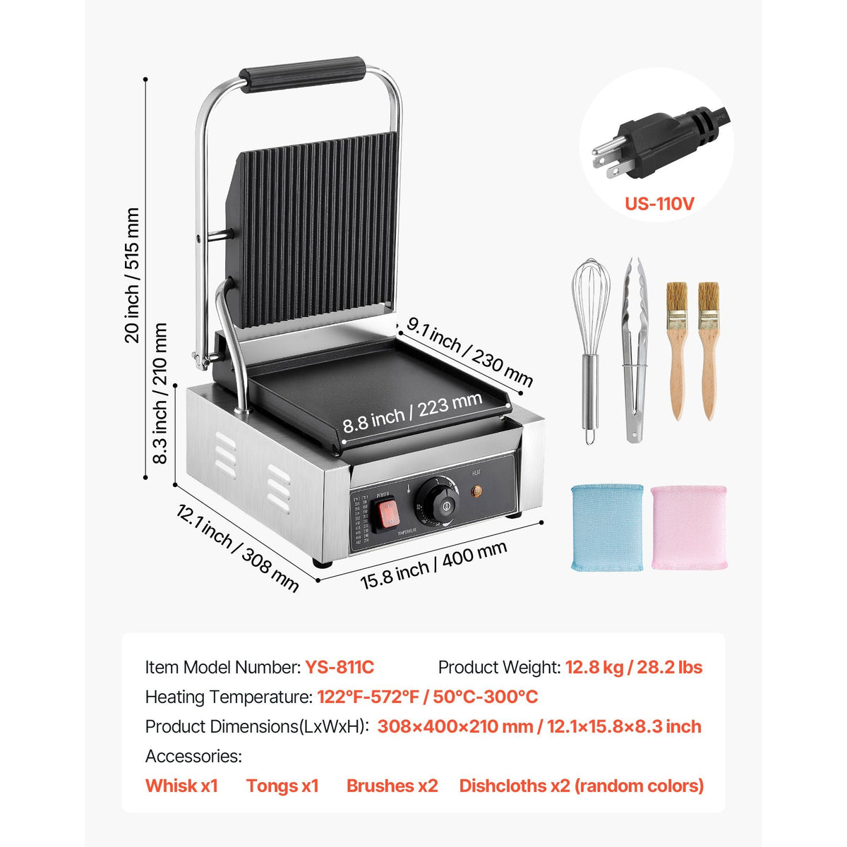 Commercial Panini Grill, 1800W Electric Sandwich Panini Maker, Stainless Steel Sandwichs Press Grill with Handle and Temp Control, 8.8x9 in Flat Enamel Plate, for Hamburger Steak Bacon