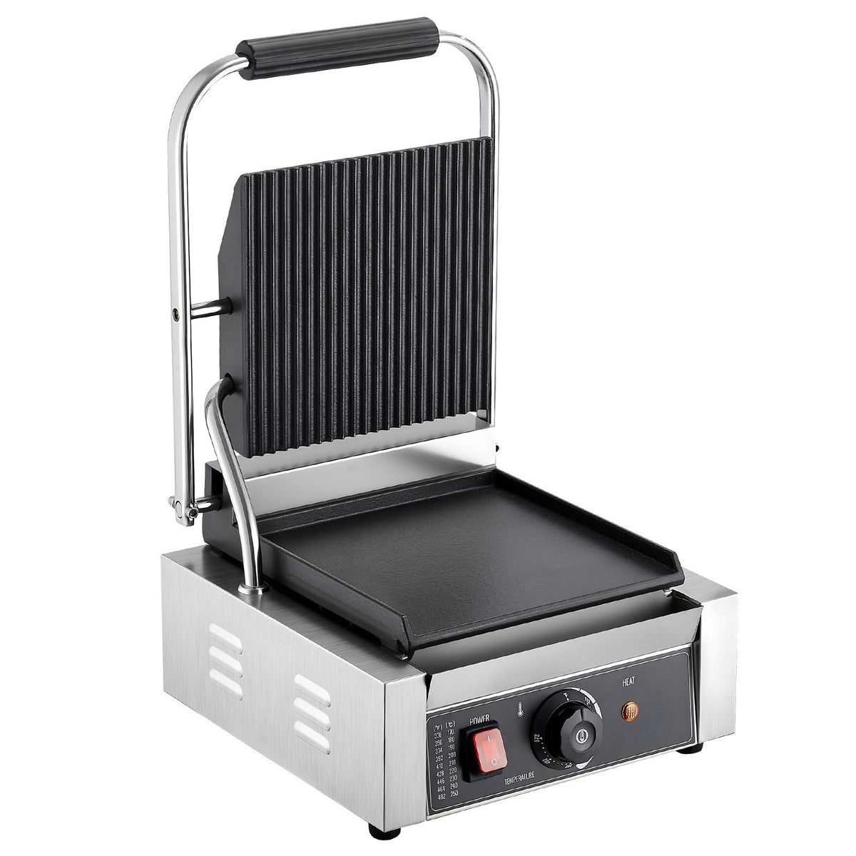 Commercial Panini Grill, 1800W Electric Sandwich Panini Maker, Stainless Steel Sandwichs Press Grill with Handle and Temp Control, 8.8x9 in Flat Enamel Plate, for Hamburger Steak Bacon