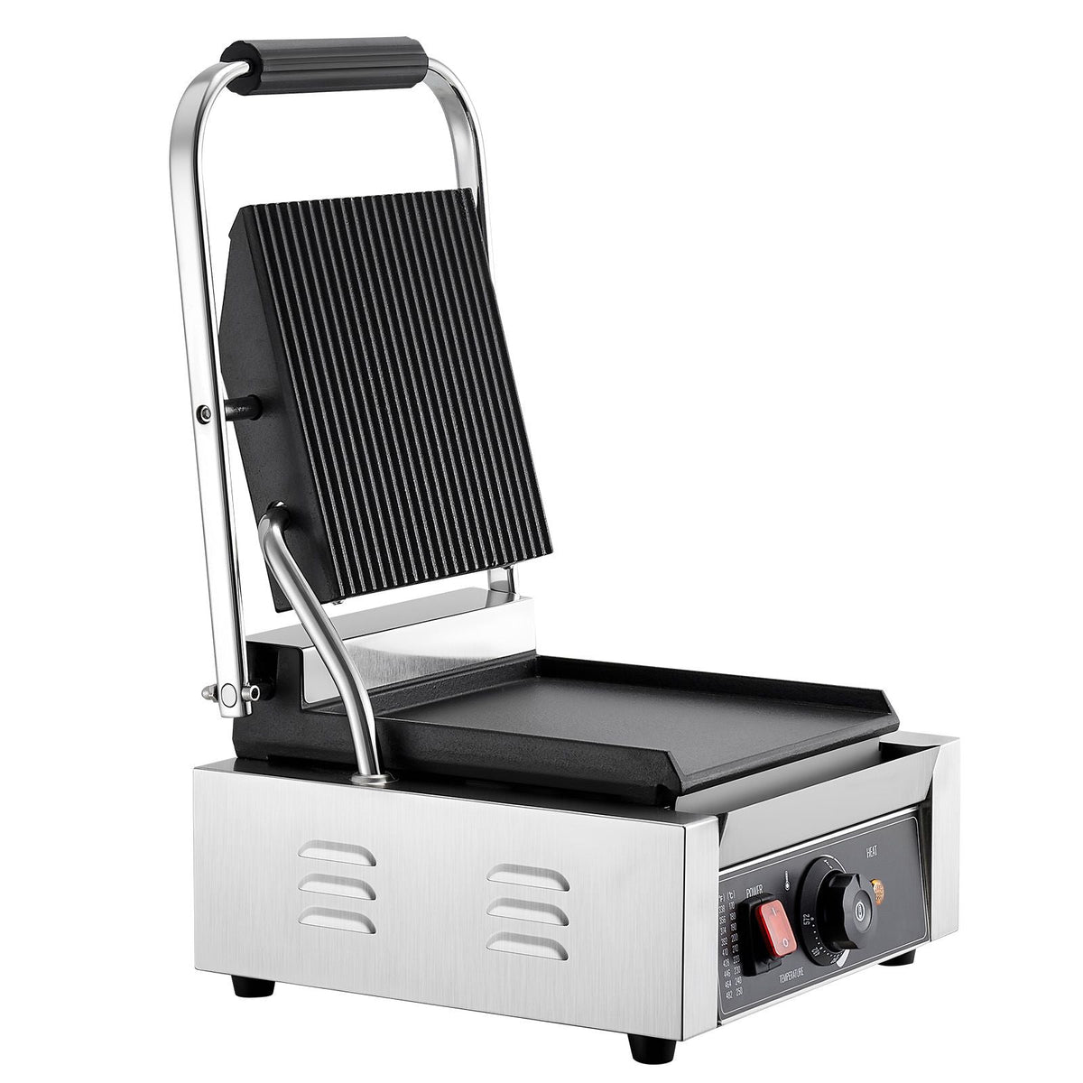 Commercial Panini Grill, 1800W Electric Sandwich Panini Maker, Stainless Steel Sandwichs Press Grill with Handle and Temp Control, 8.8x9 in Flat Enamel Plate, for Hamburger Steak Bacon