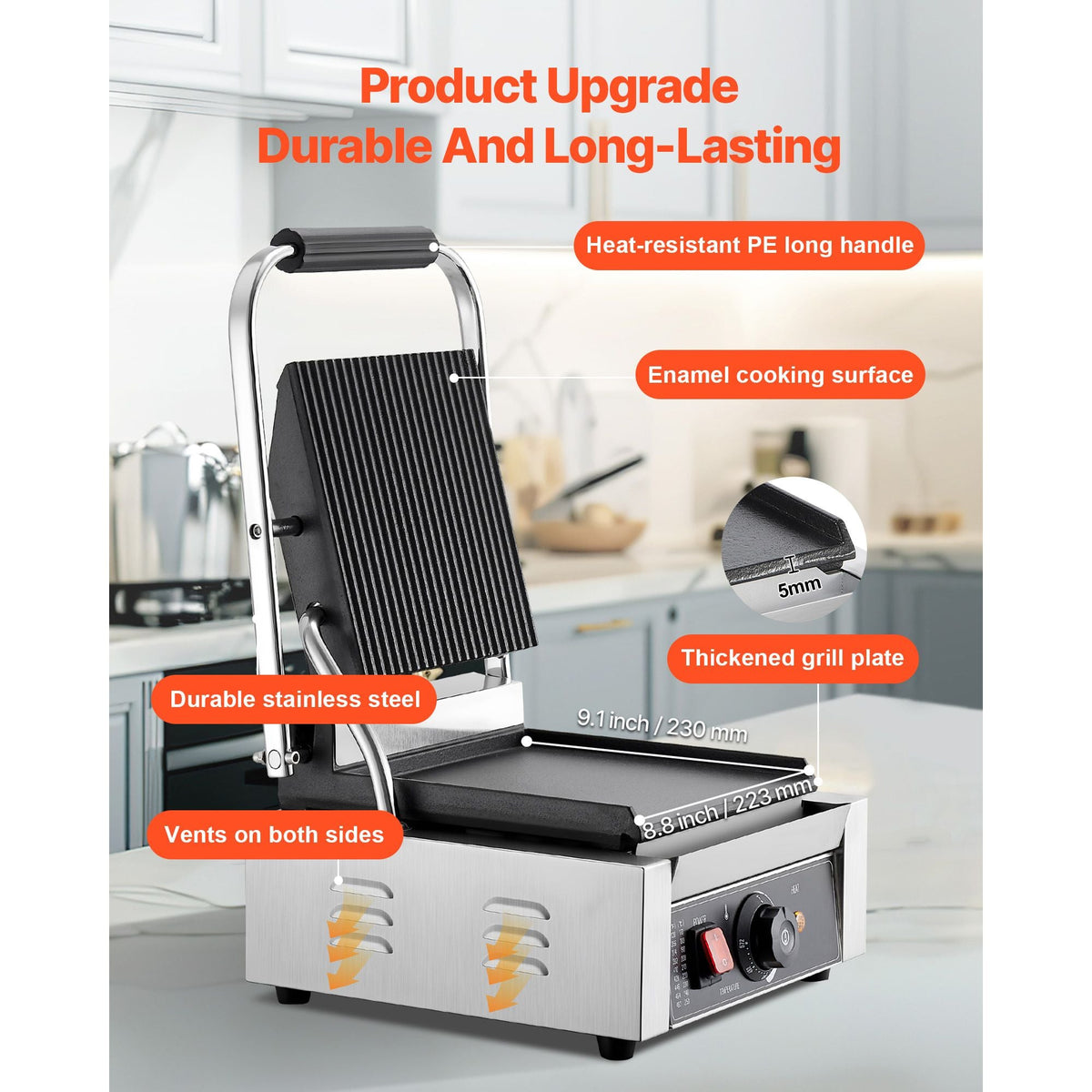 Commercial Panini Grill, 1800W Electric Sandwich Panini Maker, Stainless Steel Sandwichs Press Grill with Handle and Temp Control, 8.8x9 in Flat Enamel Plate, for Hamburger Steak Bacon