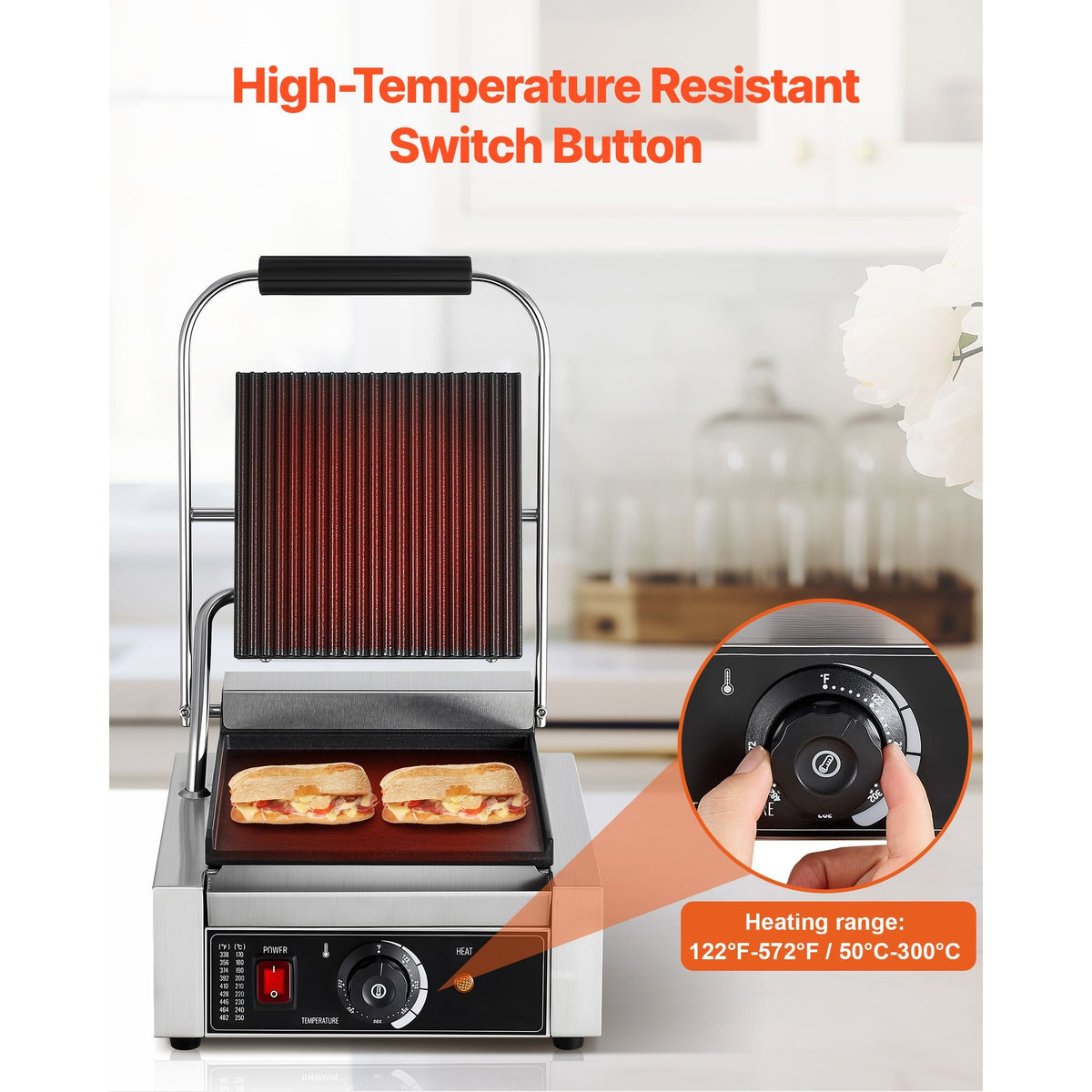 Commercial Panini Grill, 1800W Electric Sandwich Panini Maker, Stainless Steel Sandwichs Press Grill with Handle and Temp Control, 8.8x9 in Flat Enamel Plate, for Hamburger Steak Bacon
