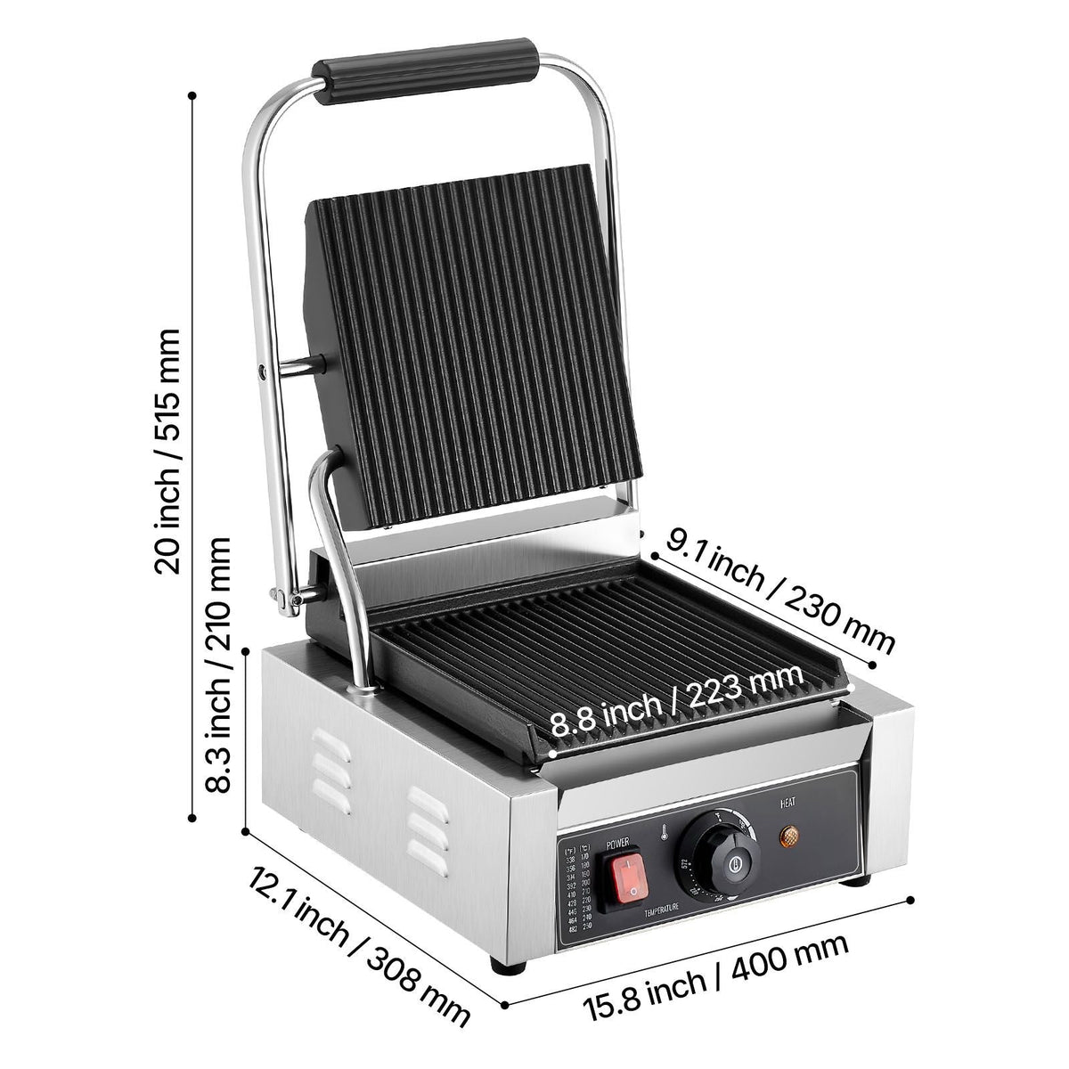 Commercial Panini Grill, 1800W Electric Sandwich Panini Maker, Stainless Steel Sandwichs Press Grill with Handle and Temp Control, 8.8x9 in Full Grooved Enamel Plate for Hamburger Steak Bacon