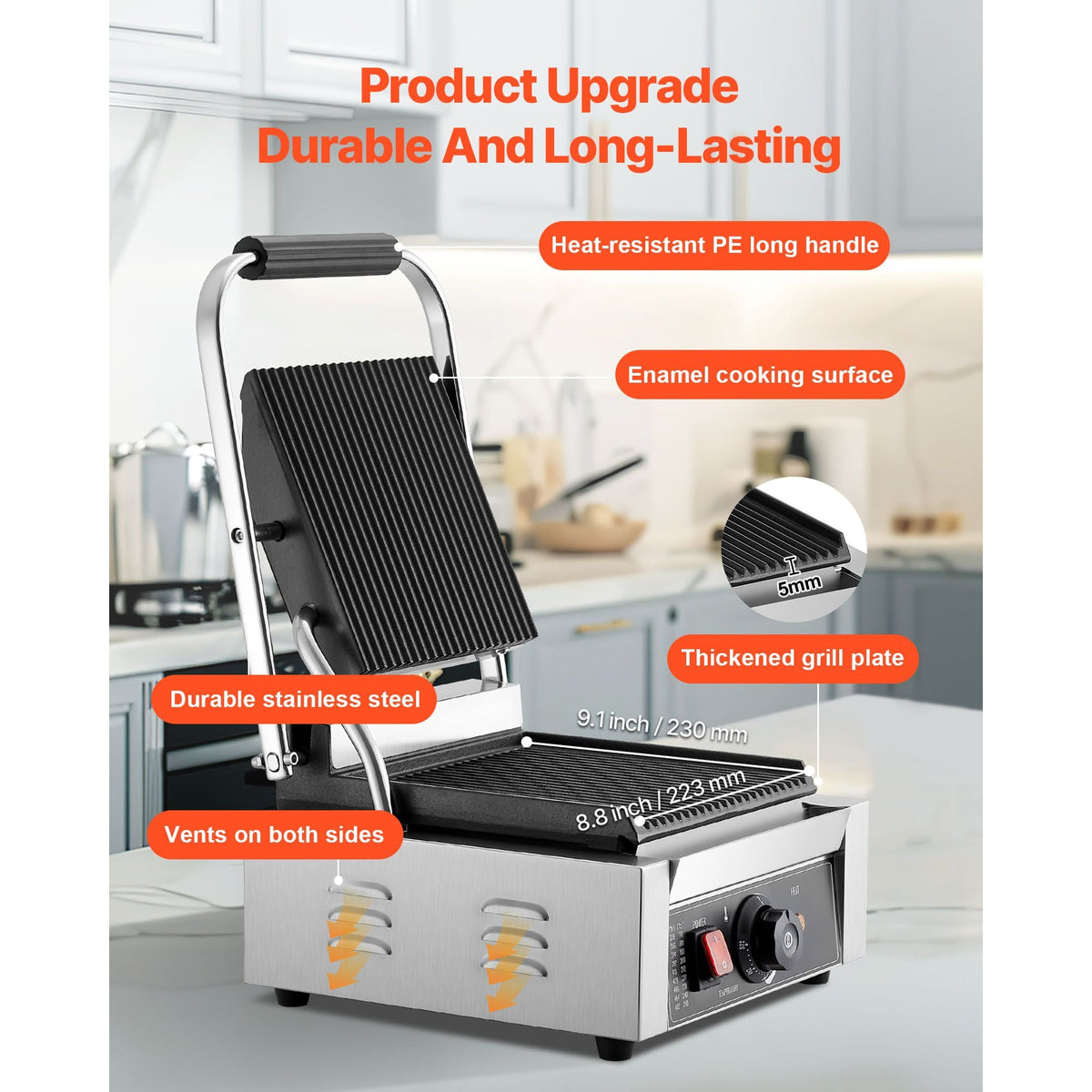 Commercial Panini Grill, 1800W Electric Sandwich Panini Maker, Stainless Steel Sandwichs Press Grill with Handle and Temp Control, 8.8x9 in Full Grooved Enamel Plate for Hamburger Steak Bacon