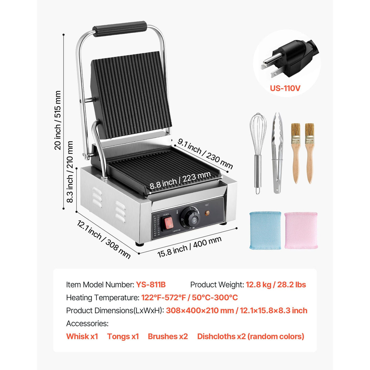 Commercial Panini Grill, 1800W Electric Sandwich Panini Maker, Stainless Steel Sandwichs Press Grill with Handle and Temp Control, 8.8x9 in Full Grooved Enamel Plate for Hamburger Steak Bacon
