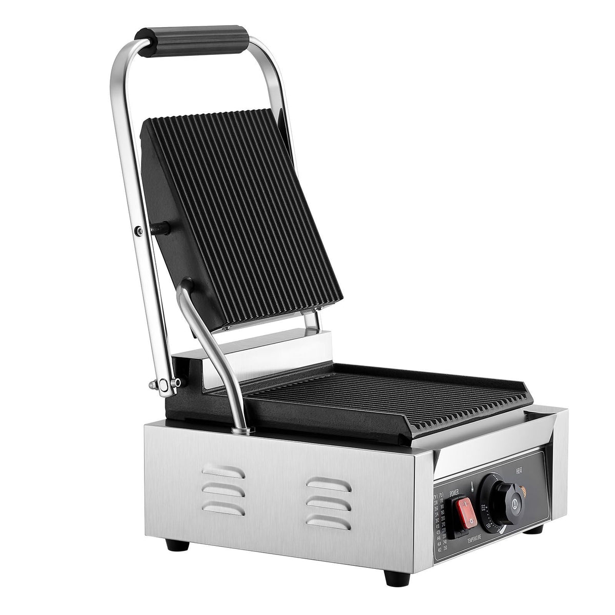 Commercial Panini Grill, 1800W Electric Sandwich Panini Maker, Stainless Steel Sandwichs Press Grill with Handle and Temp Control, 8.8x9 in Full Grooved Enamel Plate for Hamburger Steak Bacon
